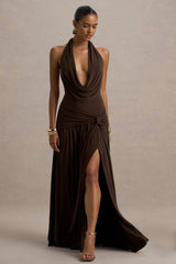 Mist | Brown Plunge-Neck Maxi Dress With Knot-Detail And Open-Back