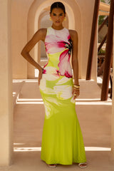 Marlo | Lime Floral Print High-Neck Maxi Dress