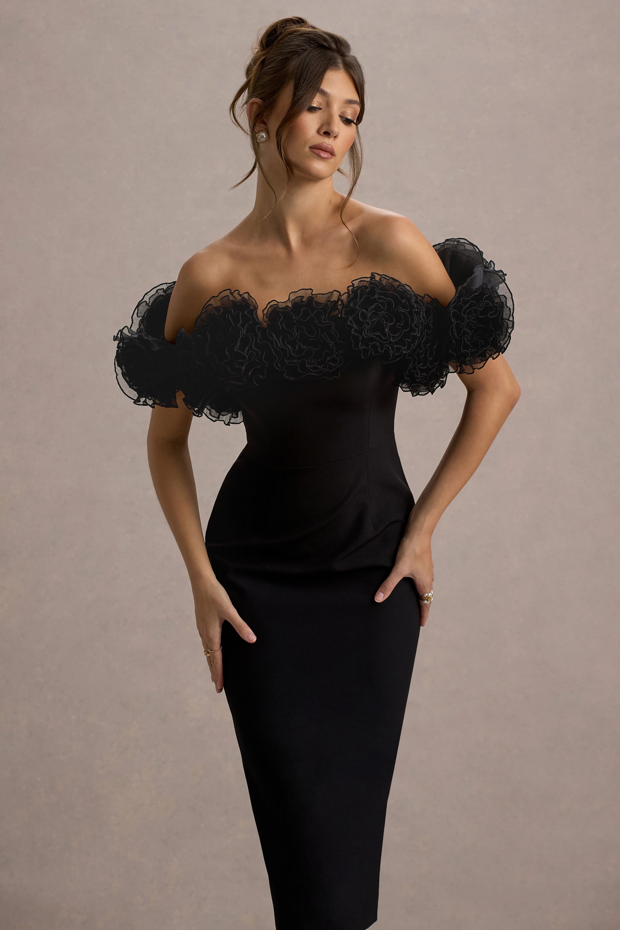 Alizzi | Black Bardot Midi Dress With Ruffle Trim