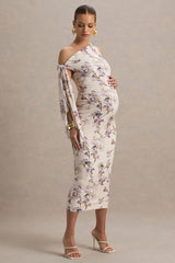 Katarine | Peach Floral Print Asymmetric Knot Maternity Midi Dress