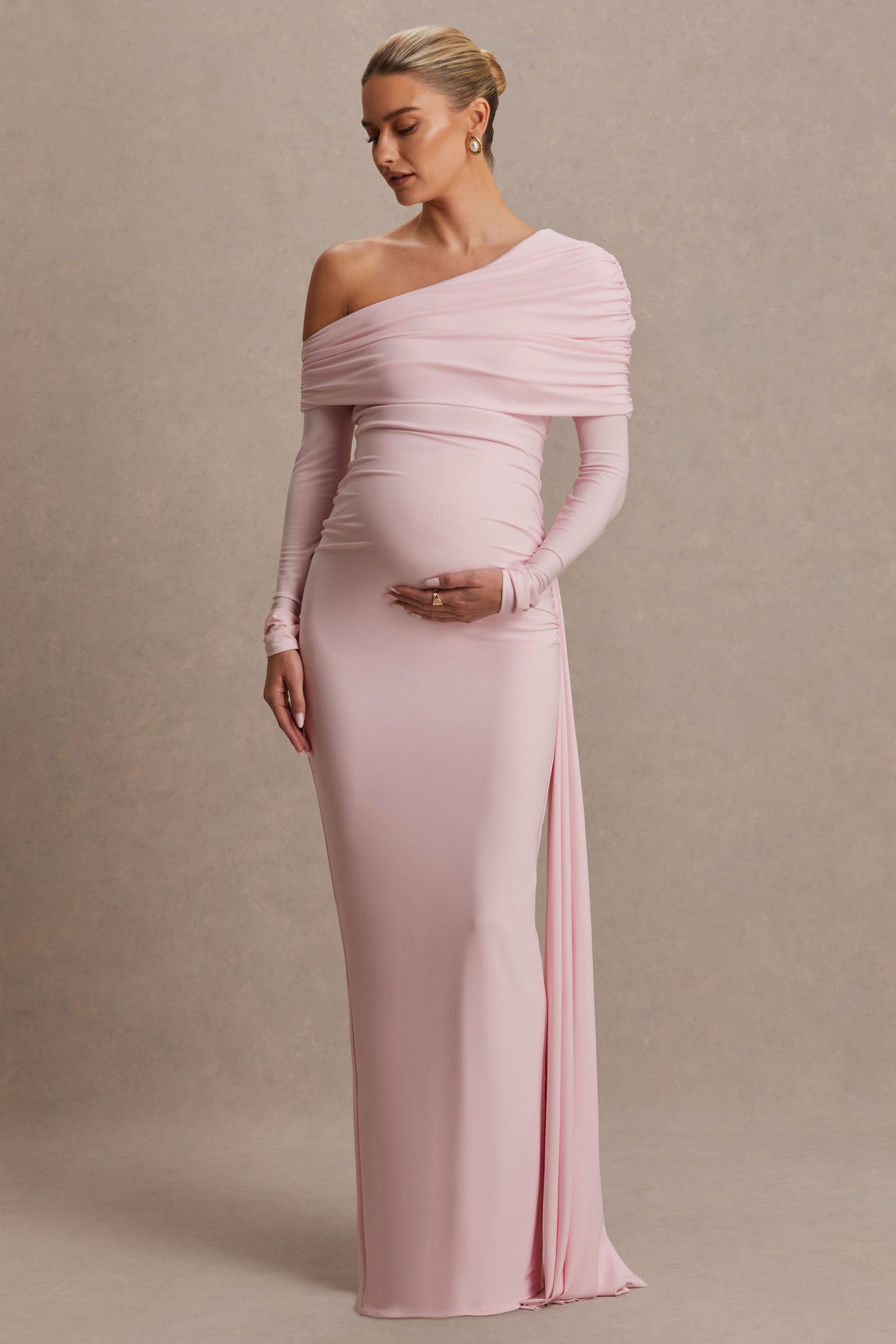 Amara | Blush Pink Asymmetric-Neck Maxi Dress With Sash Detail