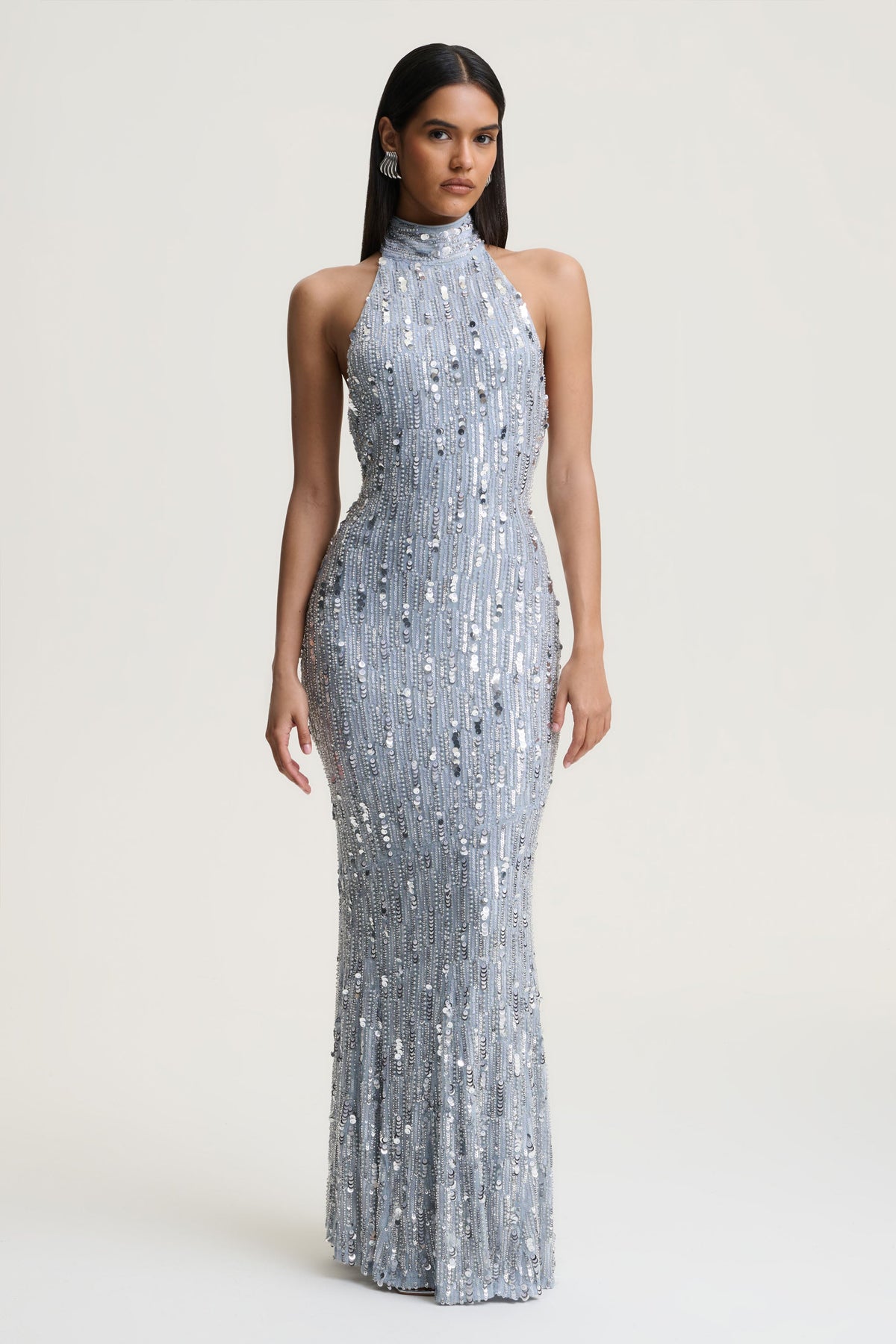 Zaira | Silver Sequin High-Neck Maxi Dress With Open-Back