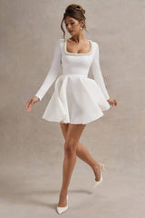 Wilder | White Embellished Square-Neck Long-Sleeve Skater Mini Dress