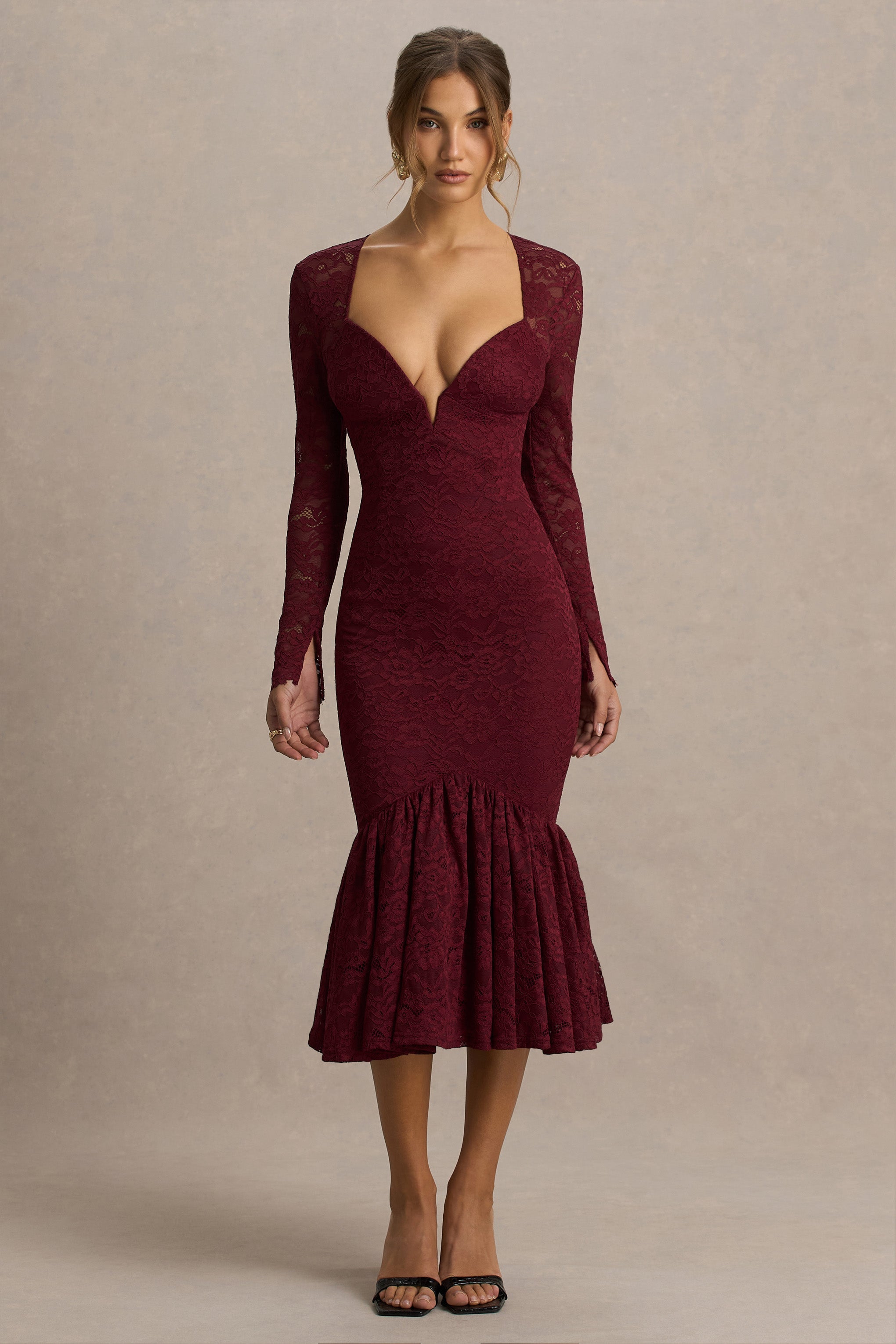 Camilly | Burgundy Lace Plunge-Neck Mermaid Midi Dress