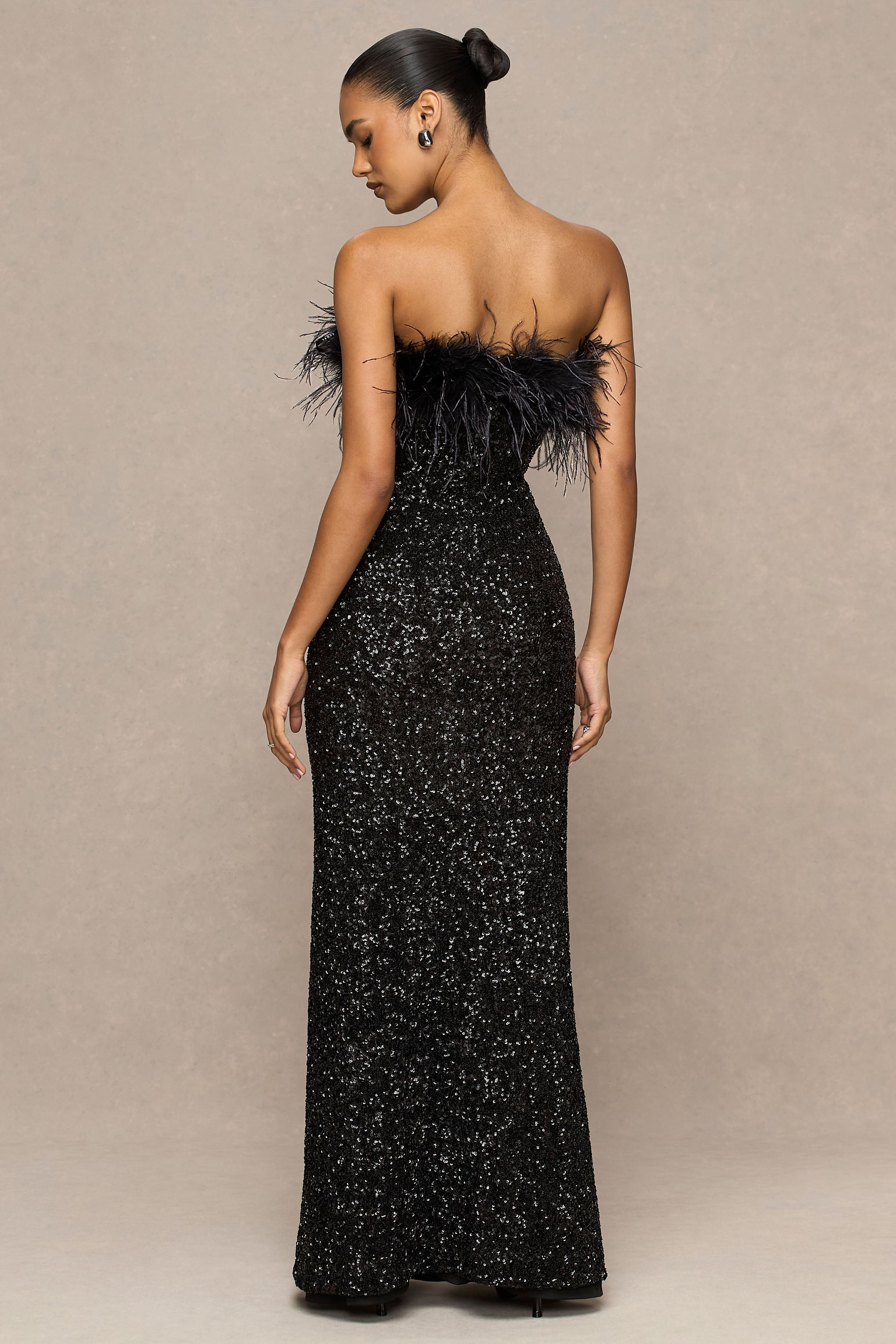 Daze | Black Sequin Bandeau Maxi Dress With Feather-Trim