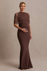 Zaria | Brown Crew-Neck Maternity Maxi Dress With Cape-Overlay