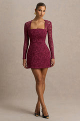 Bijou | Burgundy Square-Neck Lace Long-Sleeve Mini Dress