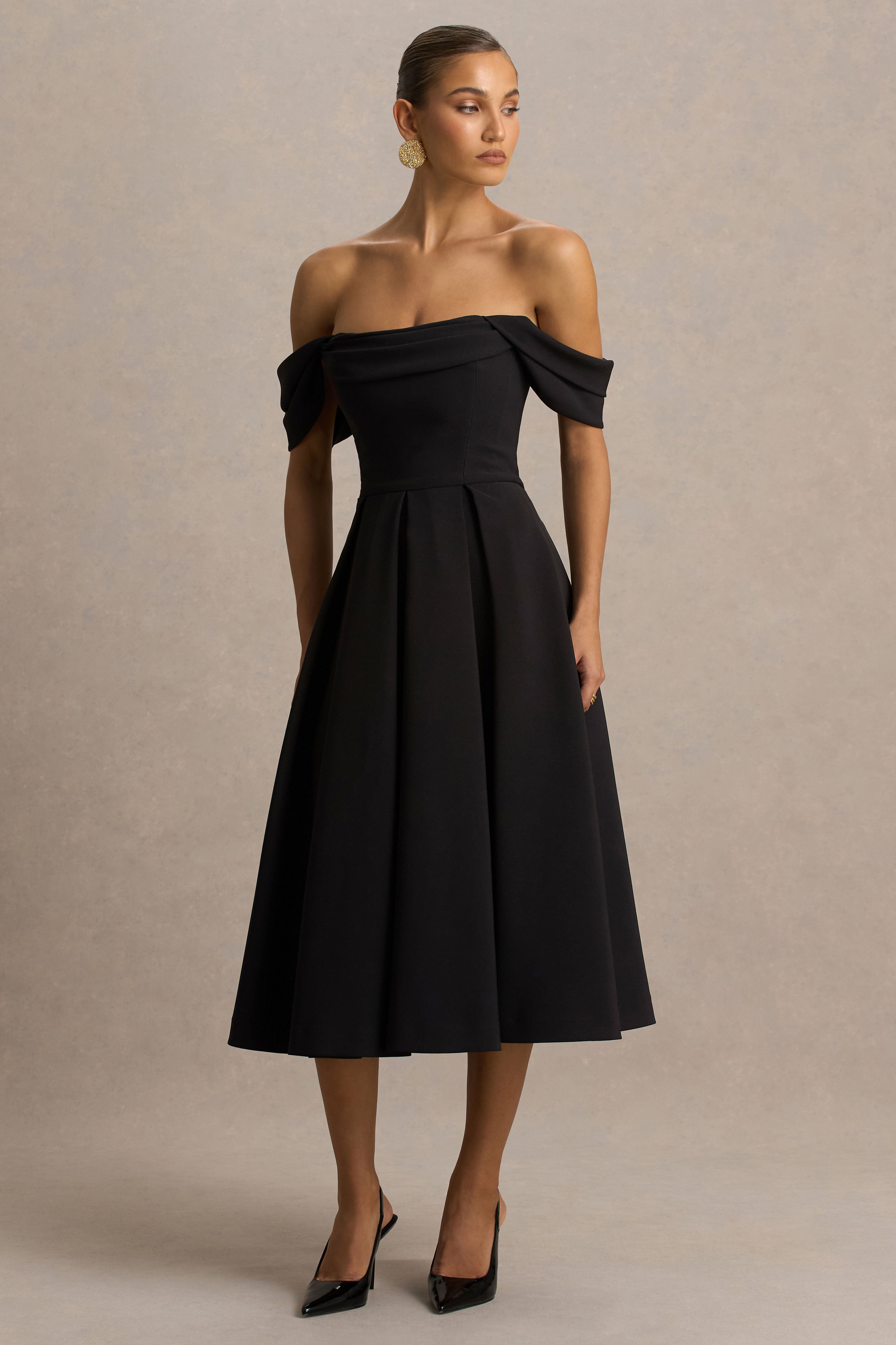 Cosima | Black Bardot-Neck Midi Dress