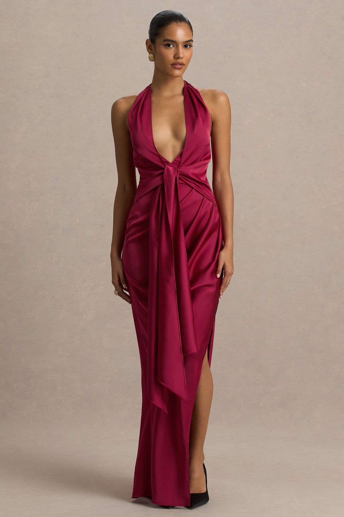 Lynette | Burgundy Satin Plunge-Neck Maxi Dress With Asymmetric Hem