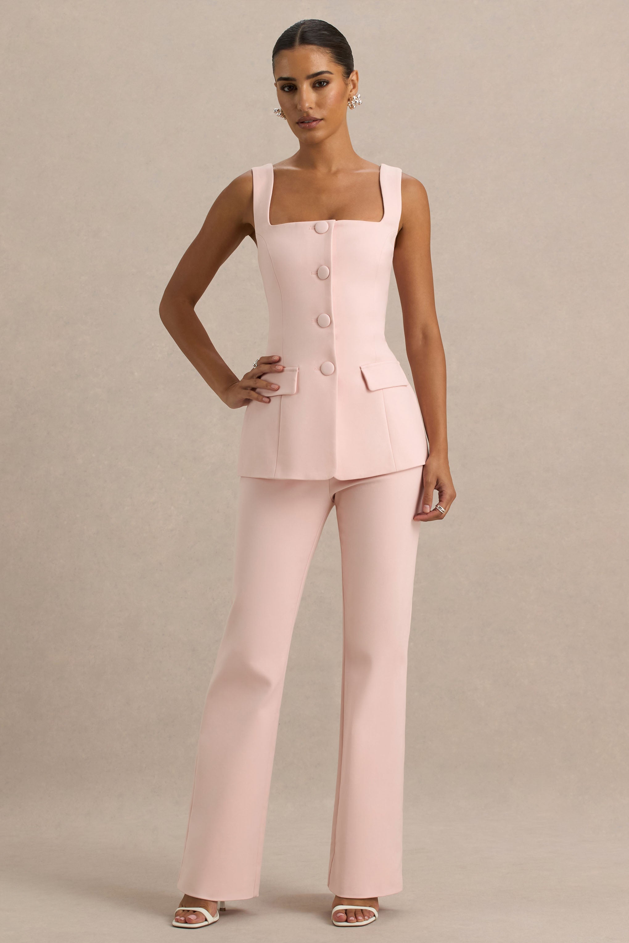 Aceline | Baby Pink Square-Neck Tailored Jumpsuit
