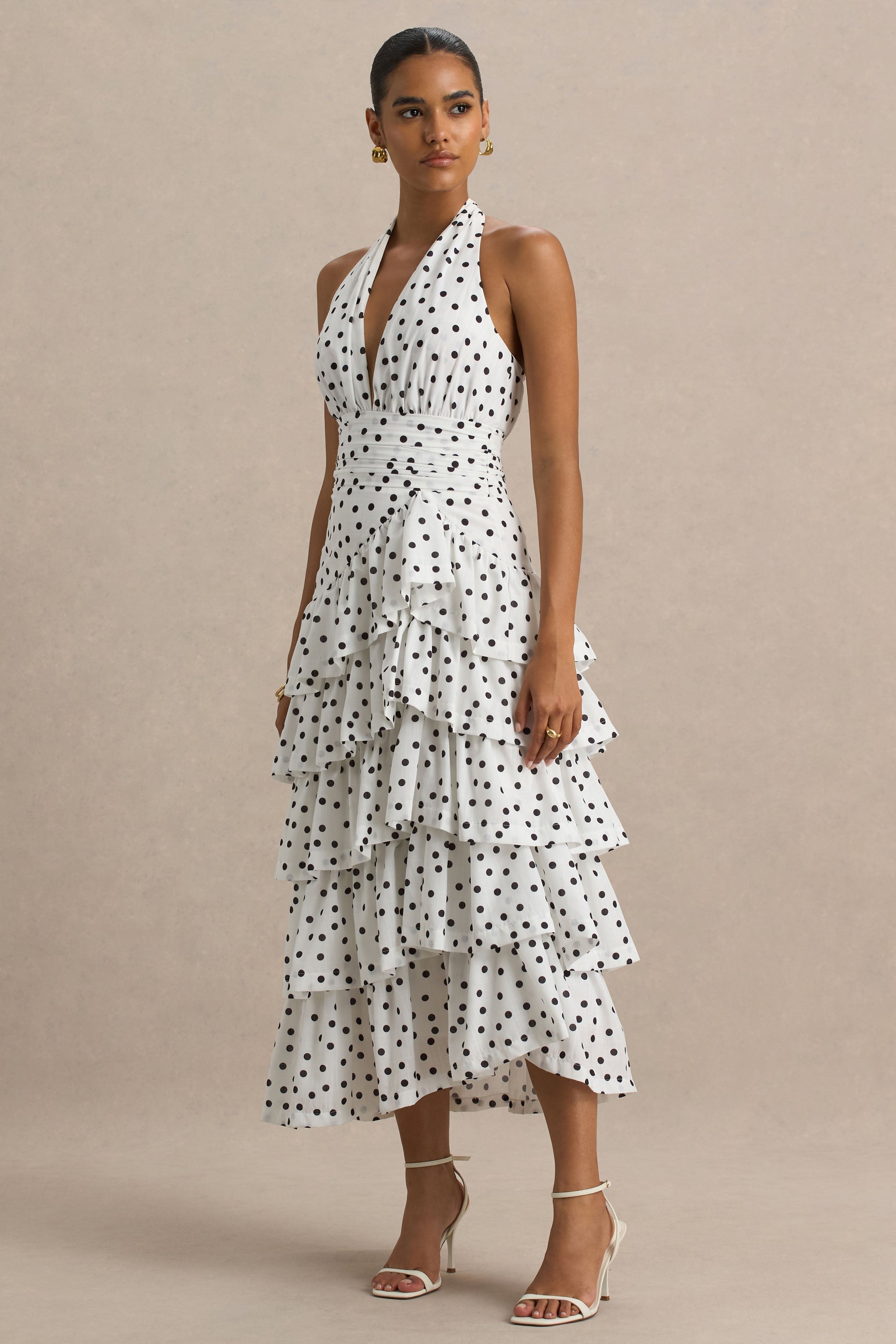 Violet | White Polka Dot Midi Dress With Halter-Neck and Ruffled Skirt