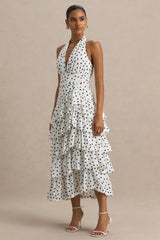 Violet | White Polka Dot Midi Dress With Halter-Neck and Ruffled Skirt