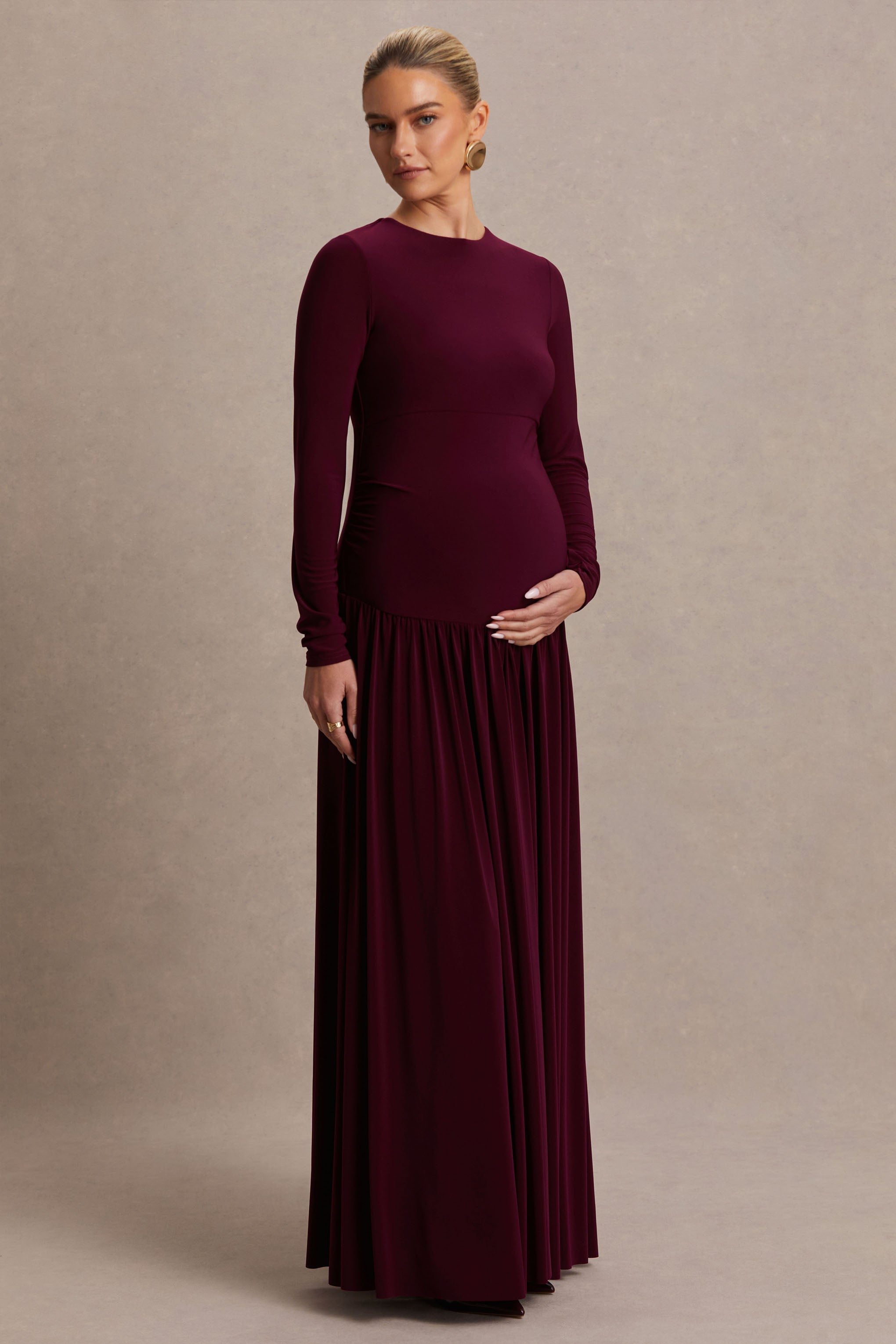 Monroe | Burgundy Crew-Neck Maternity Maxi Dress With Drop-Waist