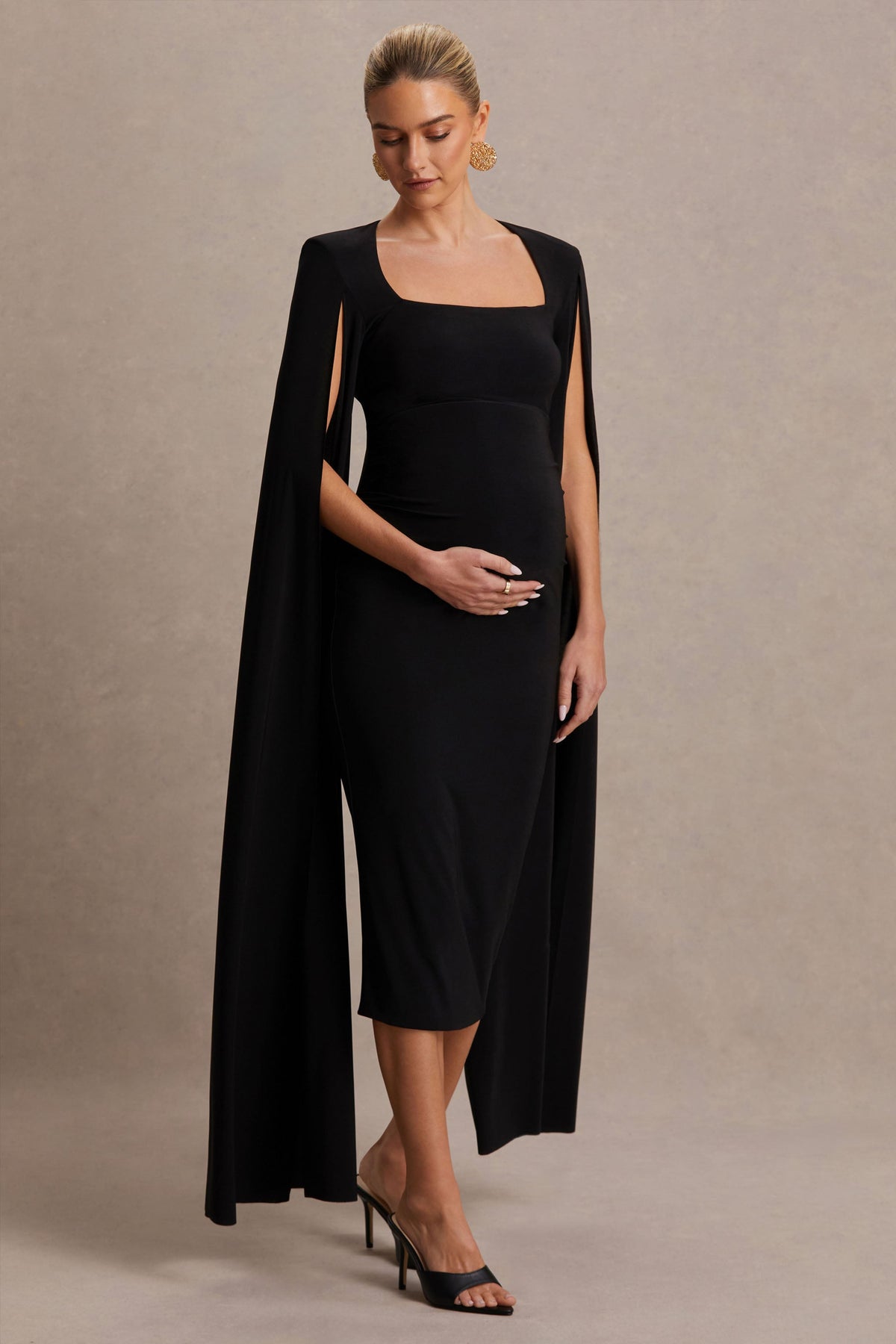 Flawless | Black Square-Neck Maternity Midi Dress With Cape-Sleeves