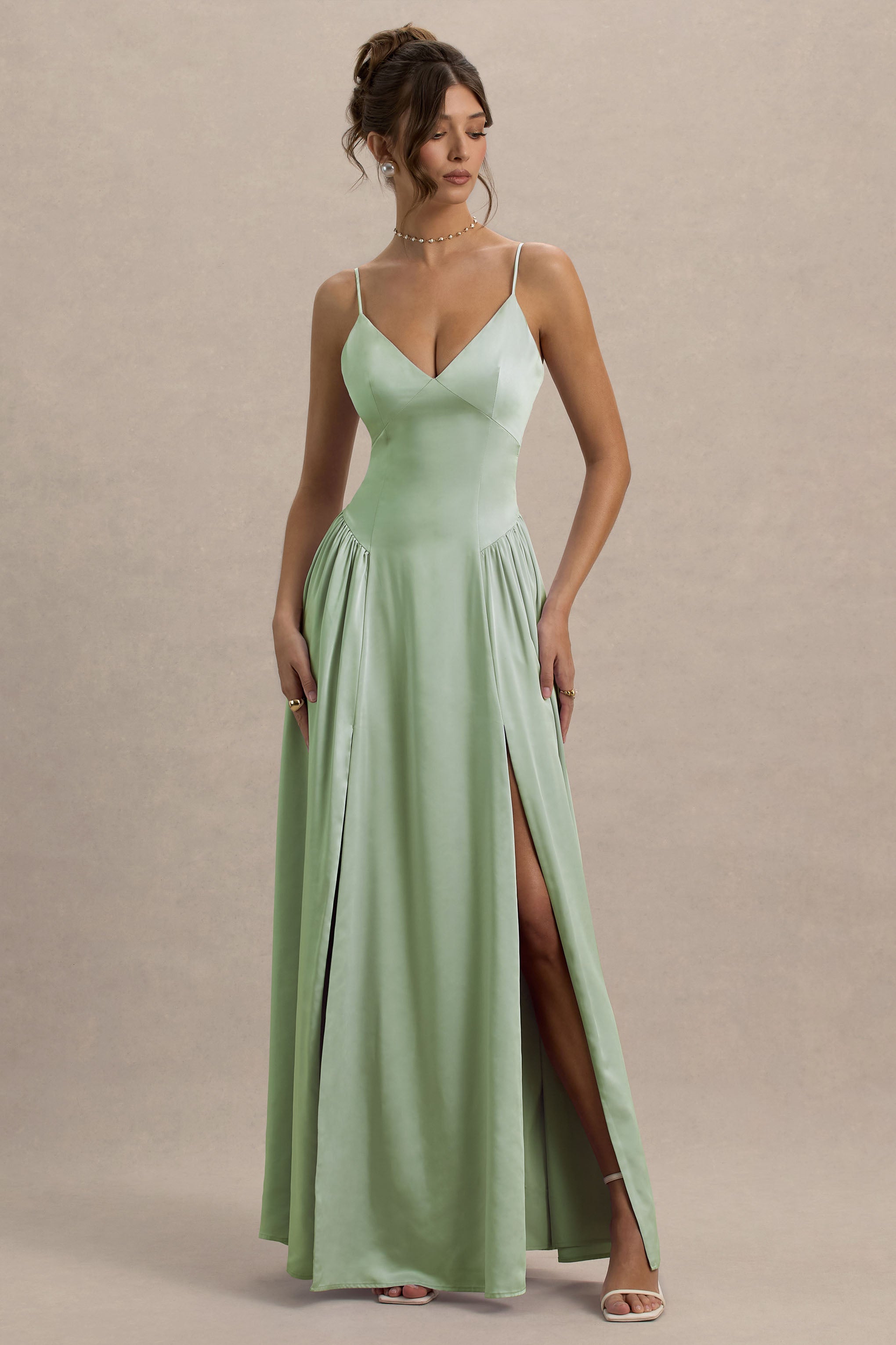 Jonas | Light Green Plunge-Neck Maxi Dress With Cami Straps