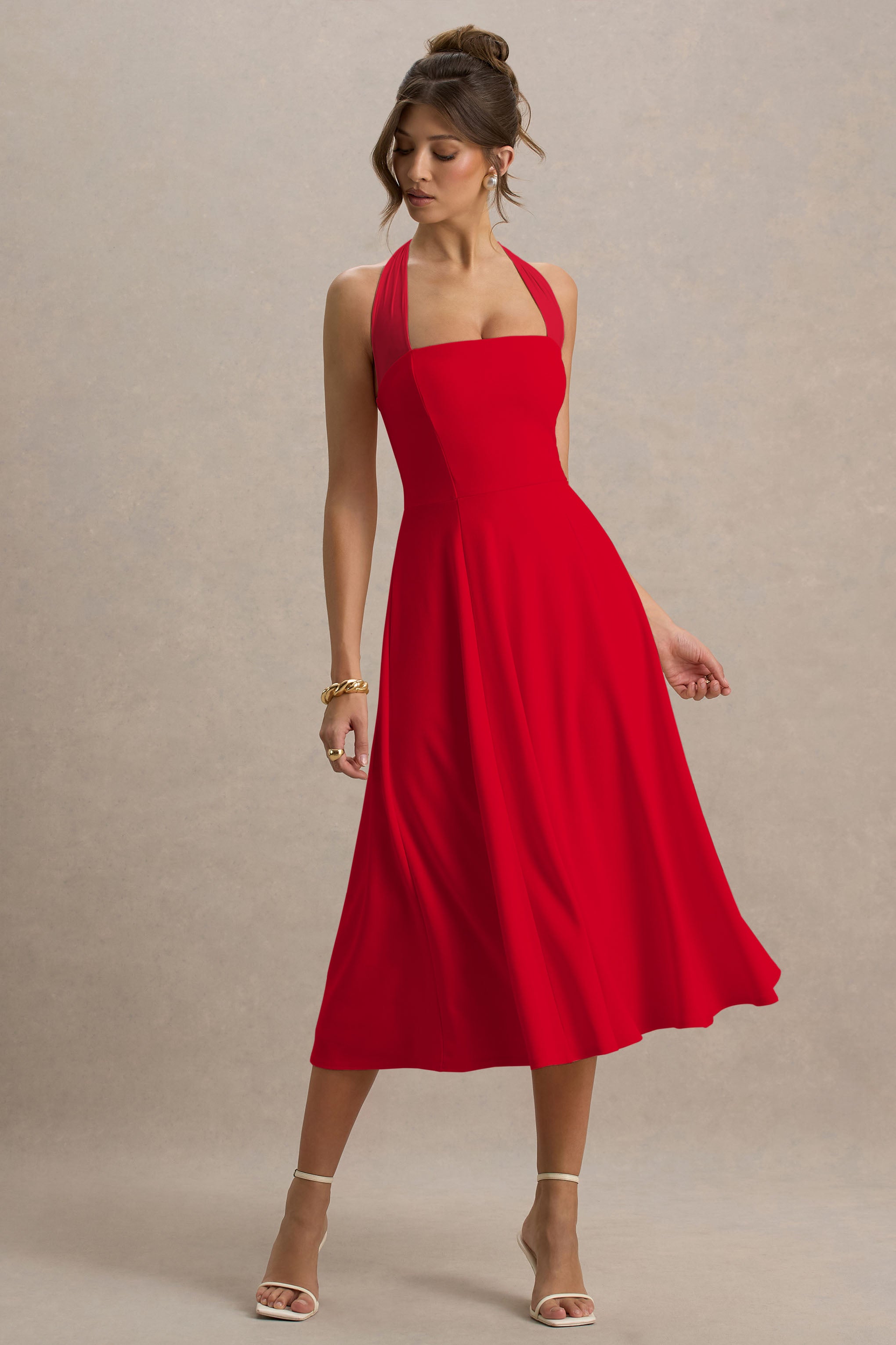 Auburn | Red Halter Skater Midi Dress
