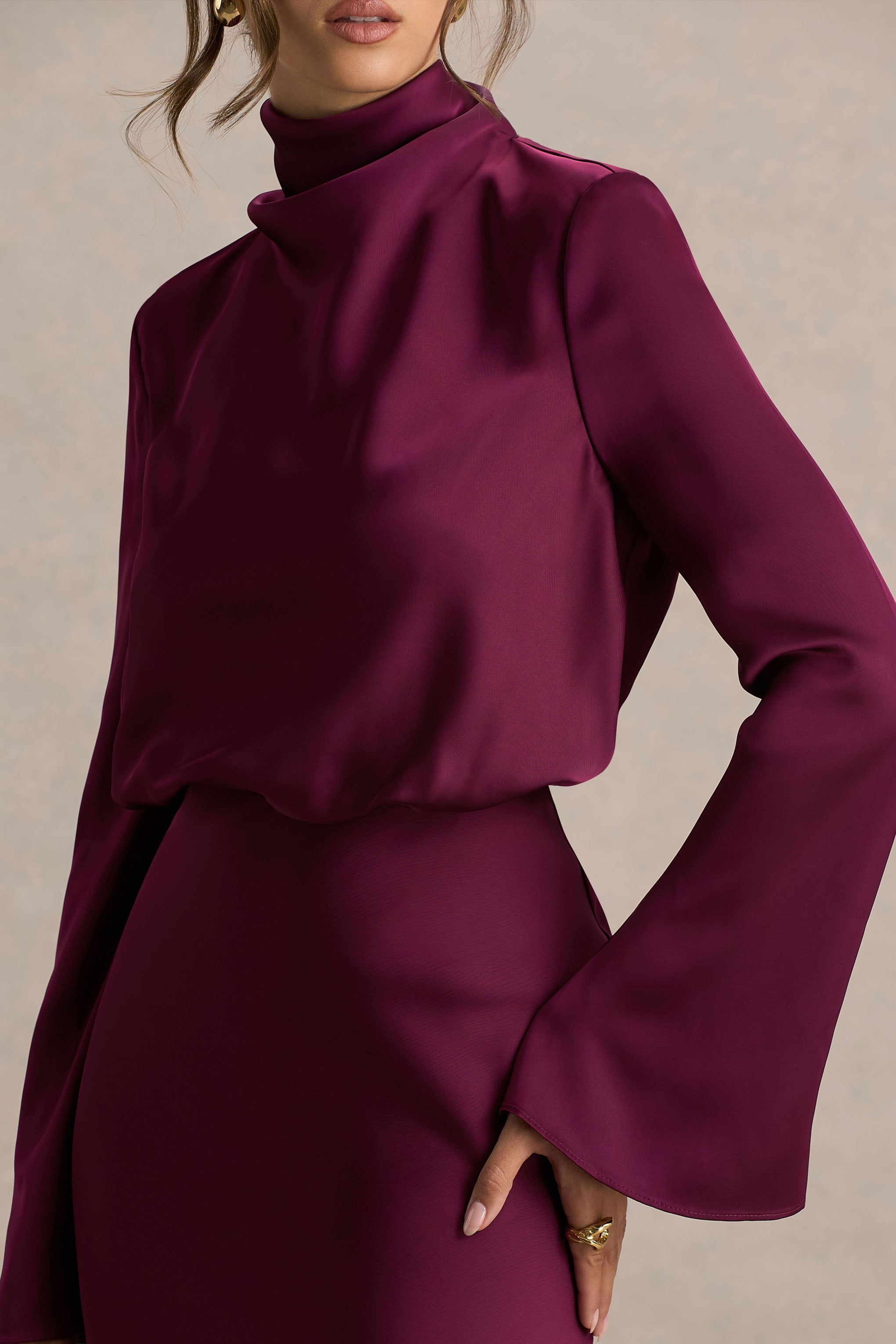 Celina | Burgundy Satin High-Neck Maxi Dress