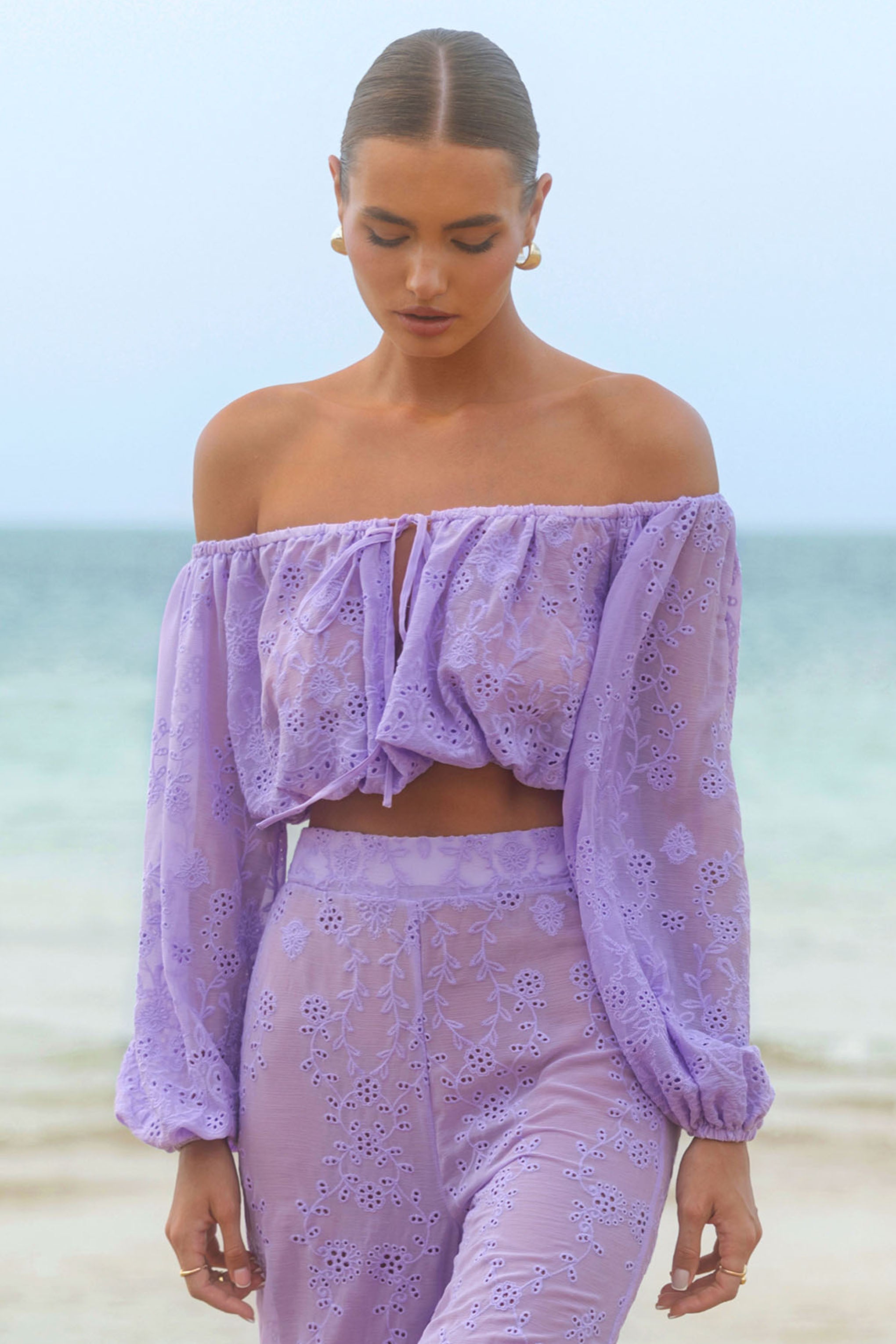 Fabienne | Lilac Broidery Bardot Puff-Sleeve Top