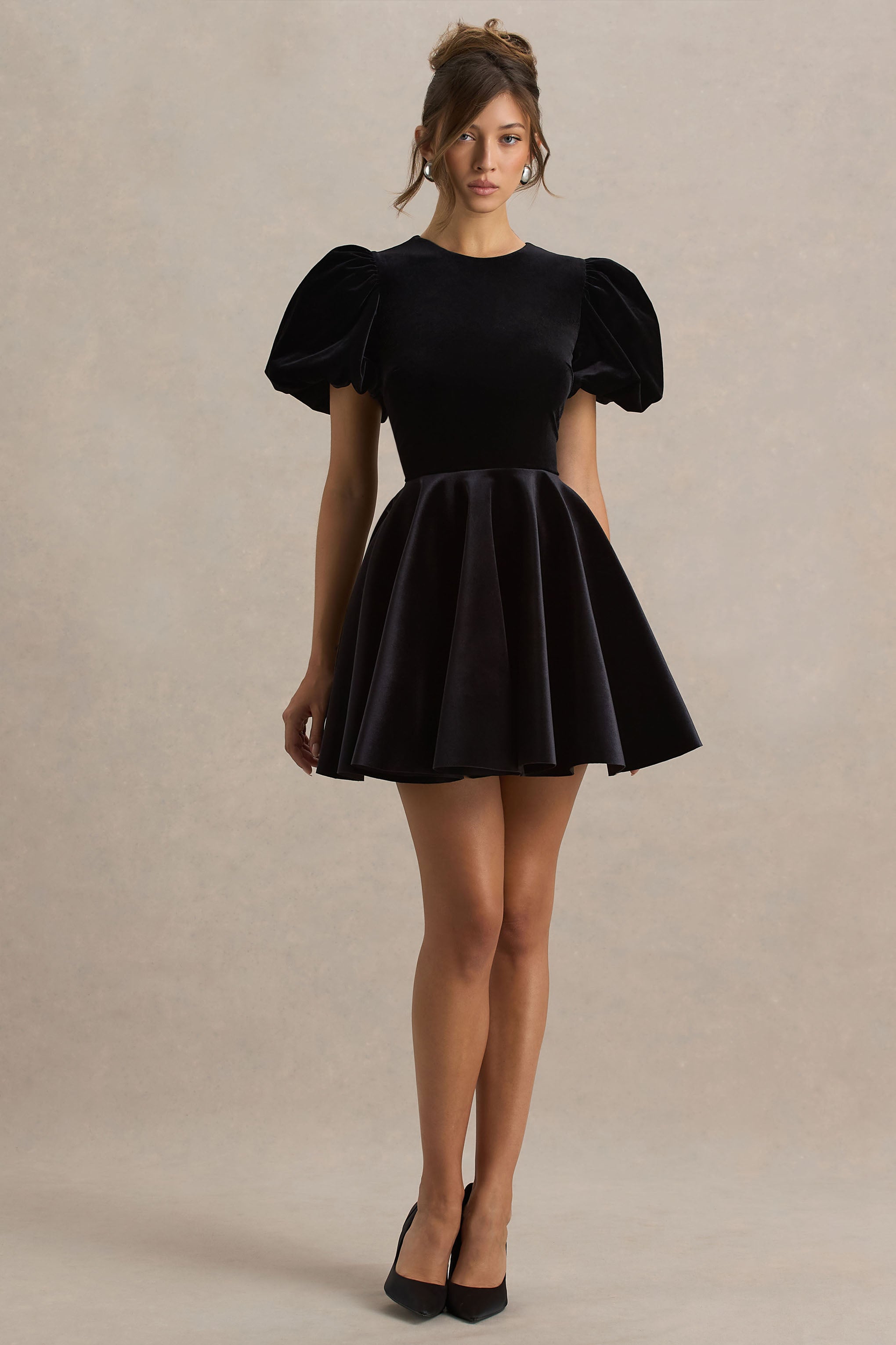 Priya | Black Velvet Mini Dress With Puff Sleeves