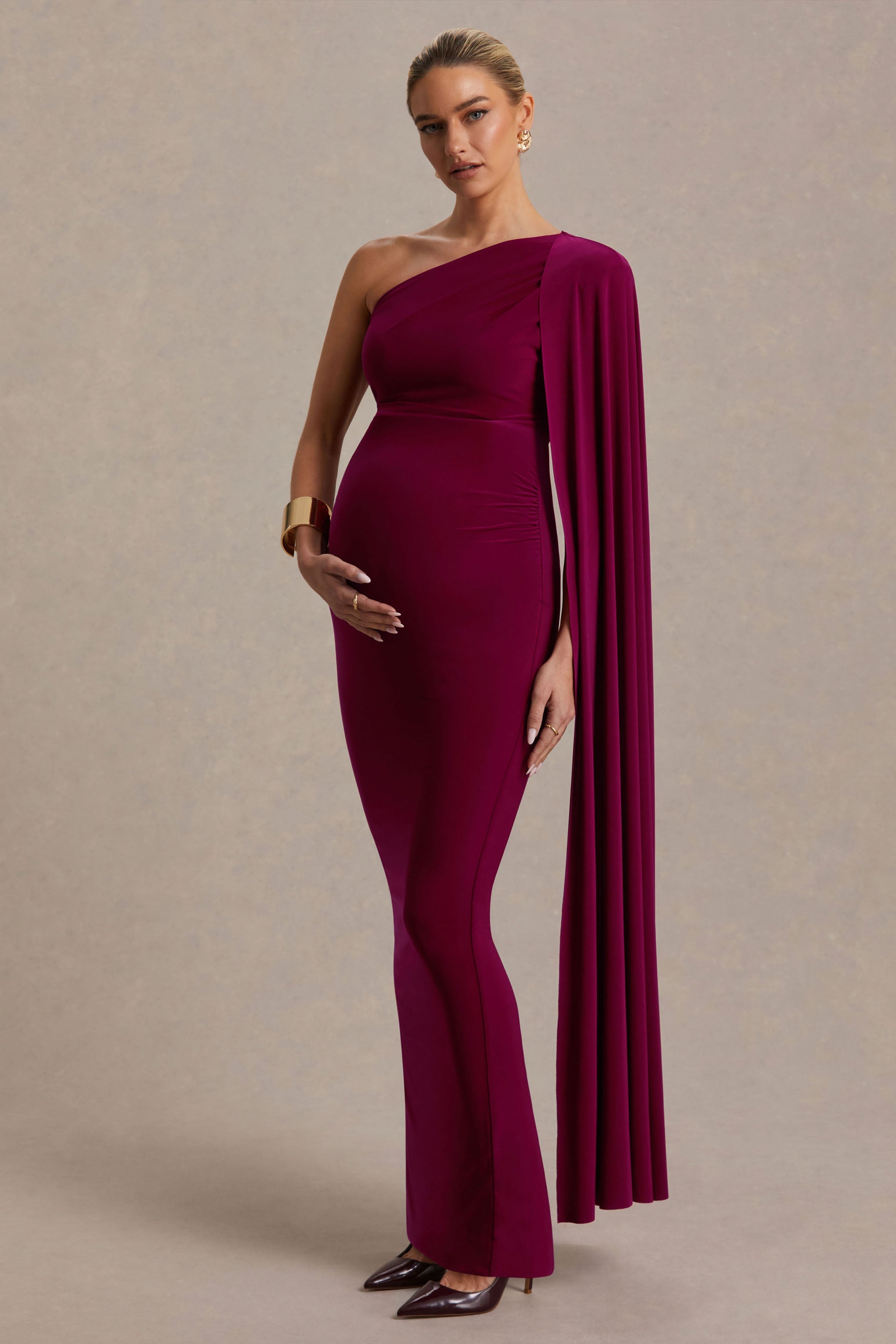 Amaryllis | Berry Maternity One Shoulder Maxi Dress with Cape Sleeve