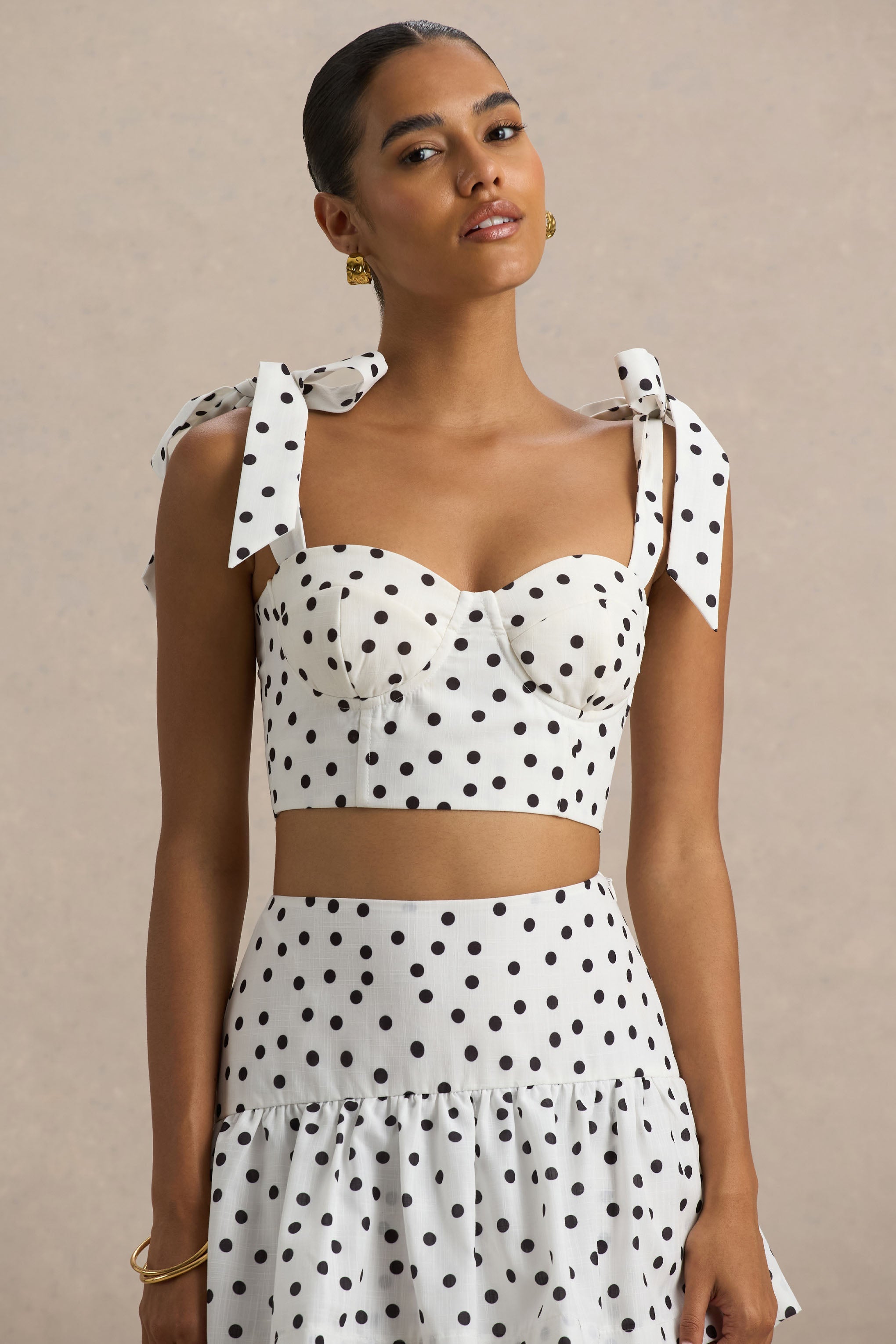 Lumen | White Polka Dot Corset Sweetheart Top With Bow Straps