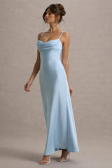 Eimear | Powder Blue Satin Draped Sweetheart Maxi Dress