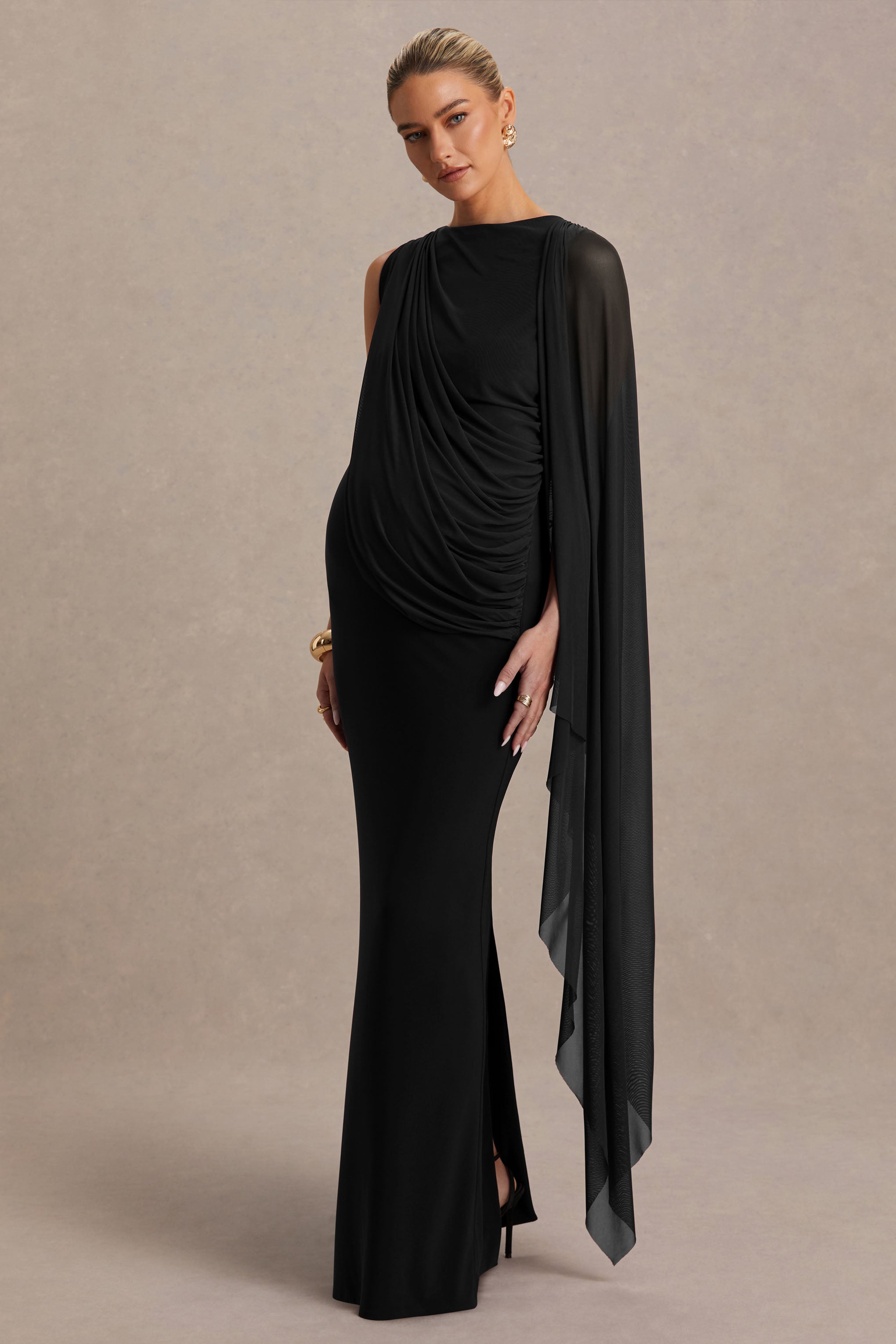 Cristina | Black High-Neck Maternity Maxi Dress With Cape-Sleeve