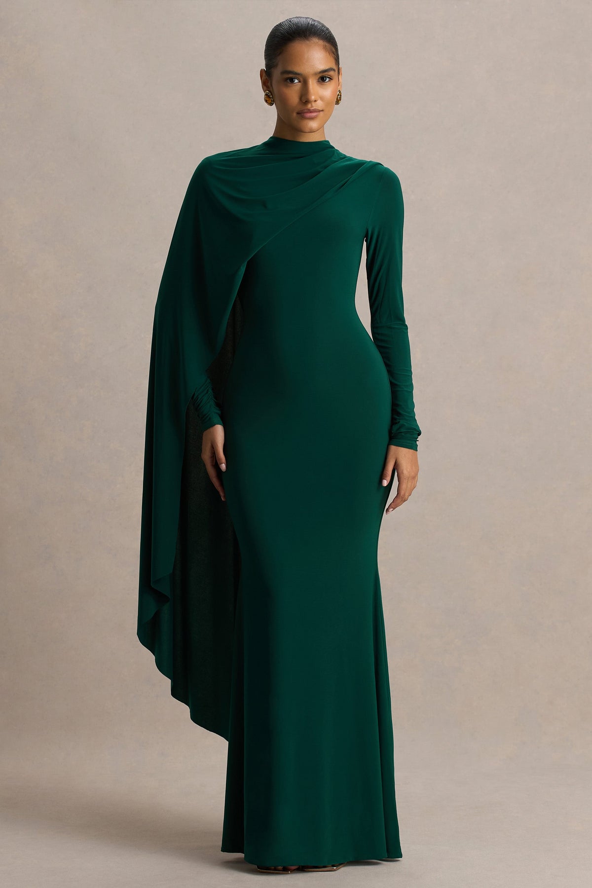 Always | Bottle Green High-Neck Maxi Dress With Cape Sleeve Detail