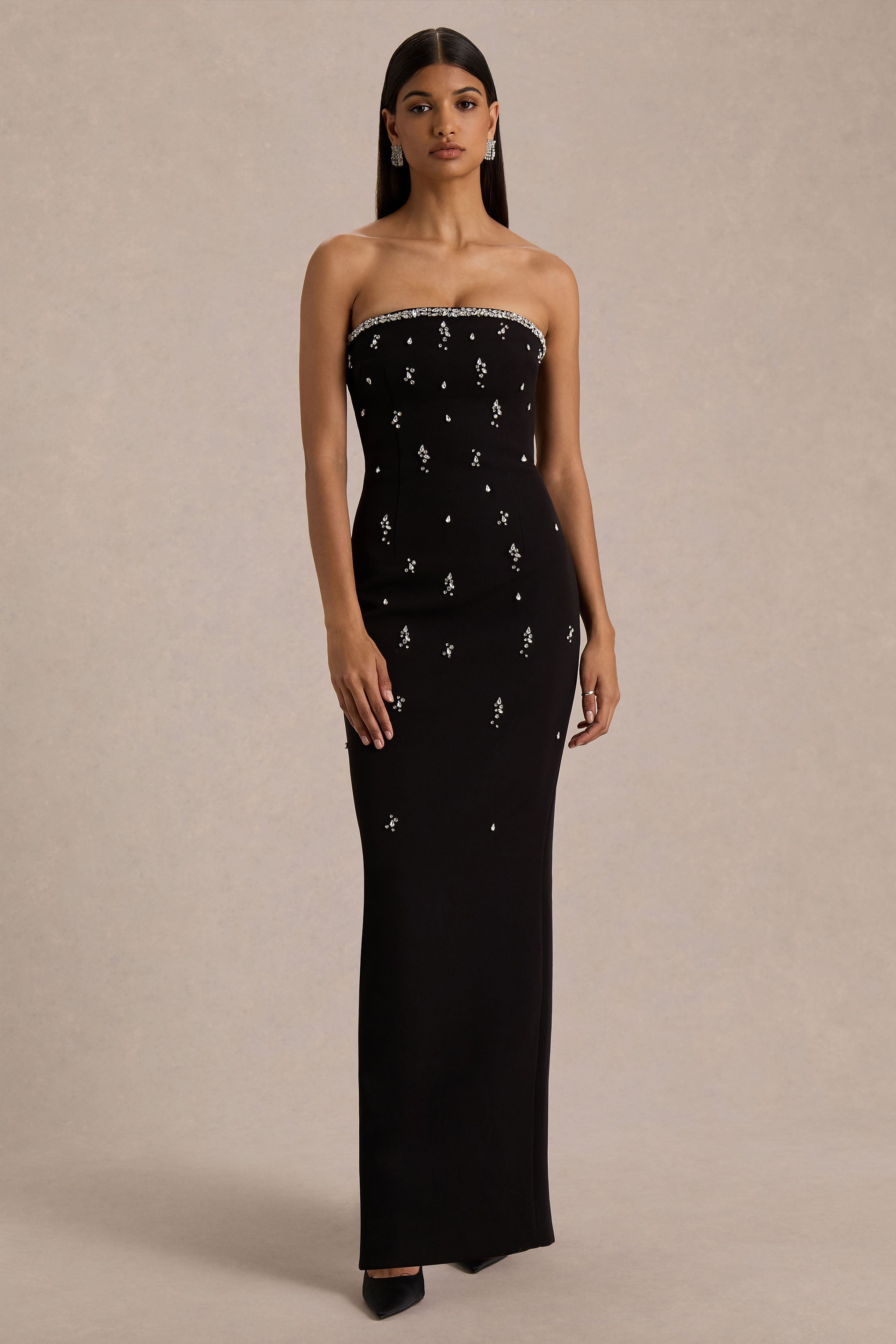 Rominia | Black Bandeau Hand-Embellished Maxi Dress