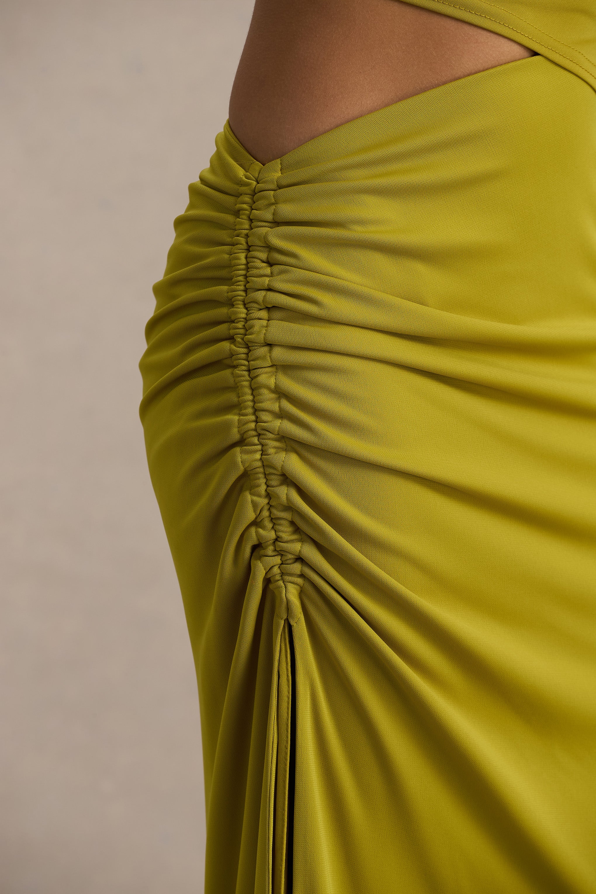 Margie | Green Maxi Skirt With Ruched Detail And Front High Split