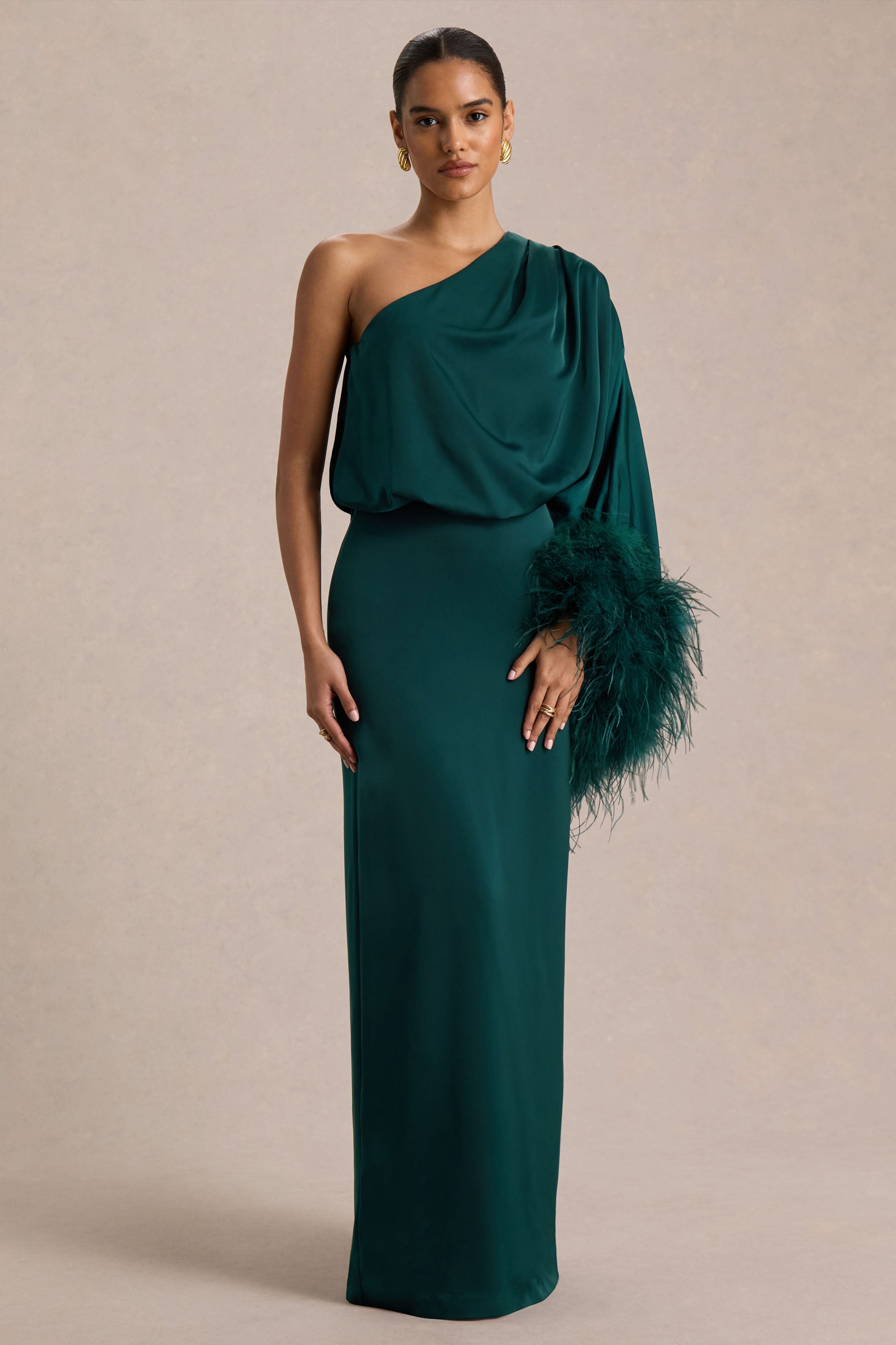 Felicity | Teal Satin Asymmetric-Neck Maxi Dress With Feather Detailing