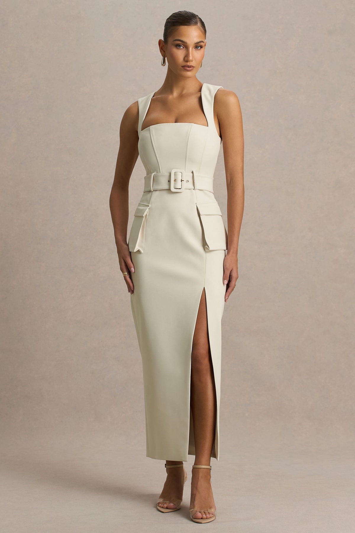 Sandra | Nude Square-Neck Tailored Maxi Dress With Front-High Split