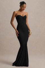 Talisa | Black Bandeau Ruched Maxi Dress With Mesh Fishtail