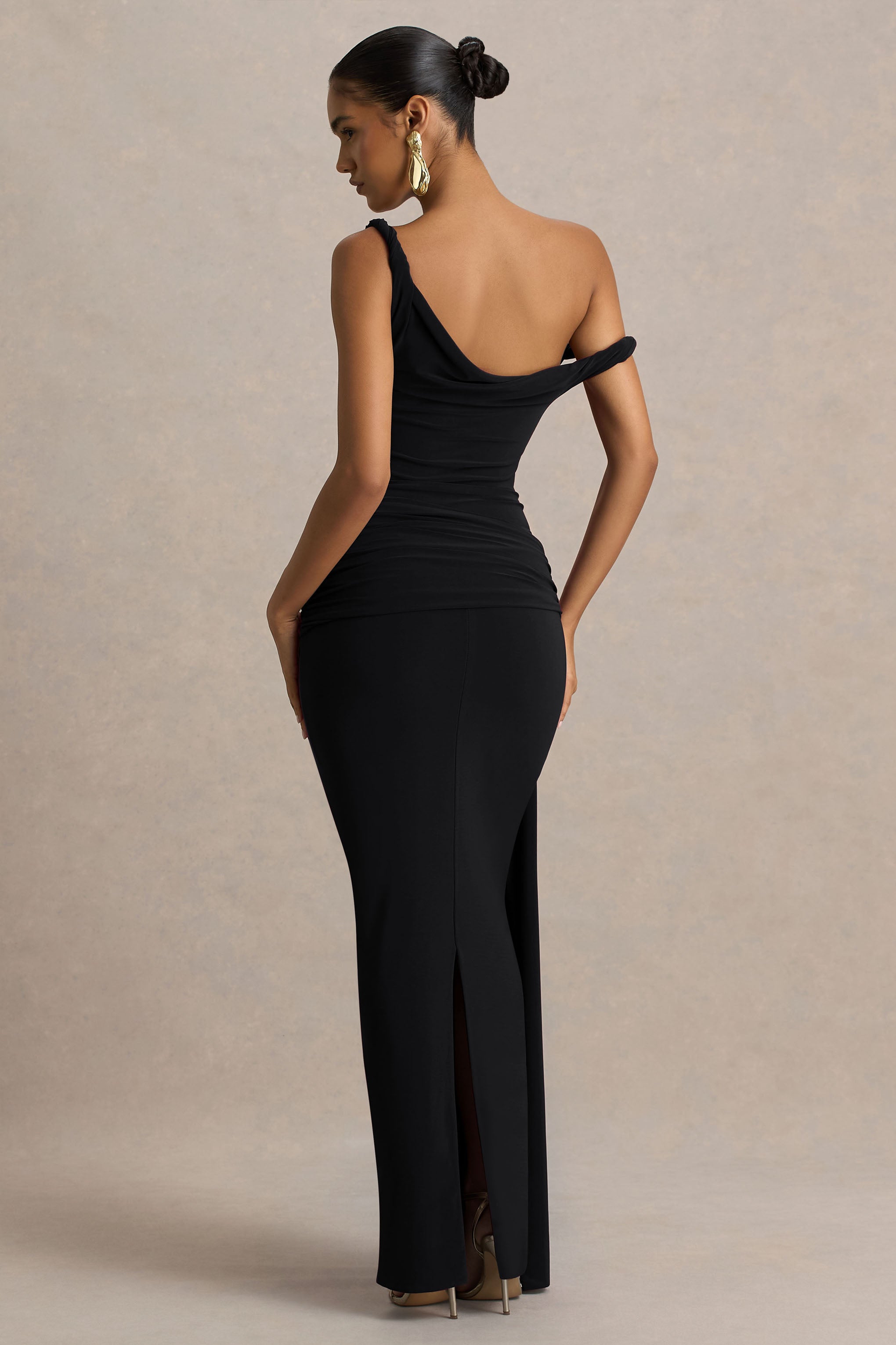 Tulisa | Black Asymmetric-Neck Maxi Dress With Twist Sleeves And Ruched Detailing