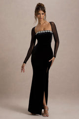 Ashby | Black Velvet Embellished Square-Neck Split Maxi Dress