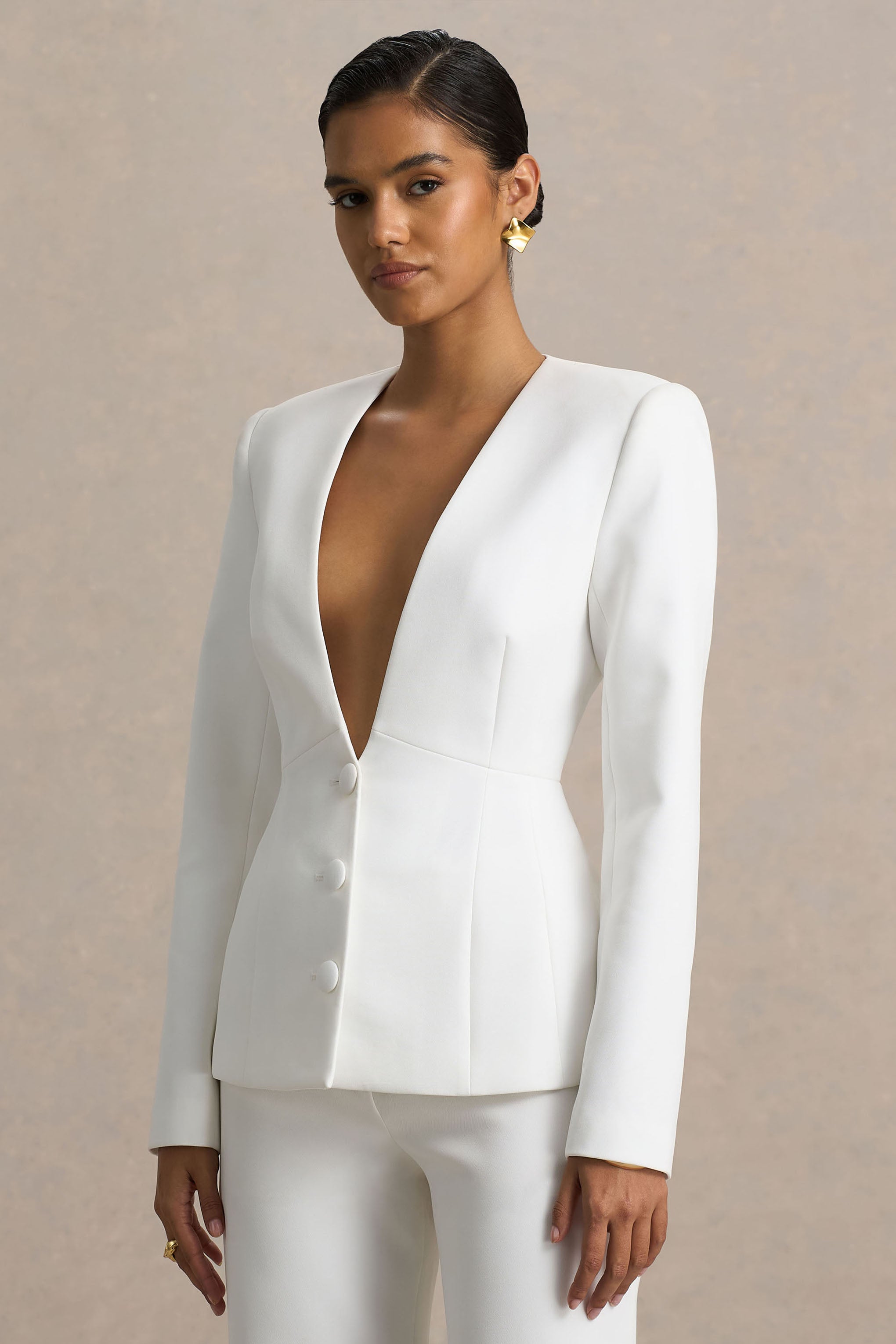 Rosalina | White Extreme-Plunge Neck Tailored Blazer