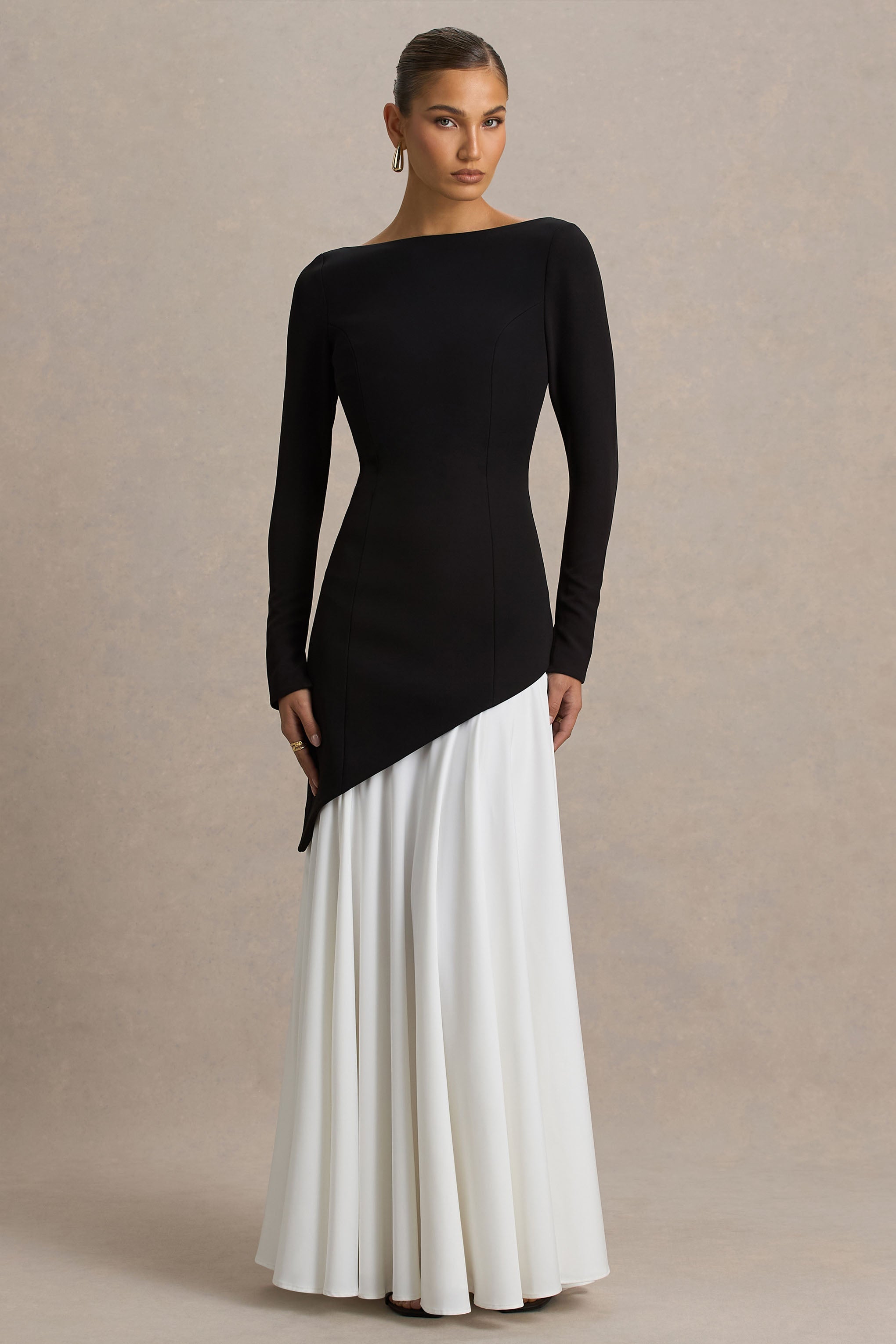 Caty | Black And White Long-Sleeved Maxi Dress With Oversized Bow And Ruffled Detailing