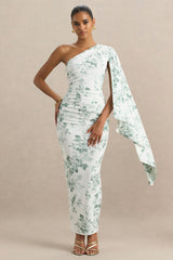 Clementina | Green Porcelain Print Asymmetric Cape Sleeve Maxi Dress