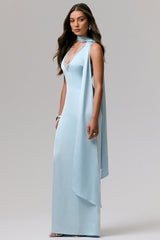 True Icon | Powder Blue Satin V-Neck Maxi Slip Dress With Sash