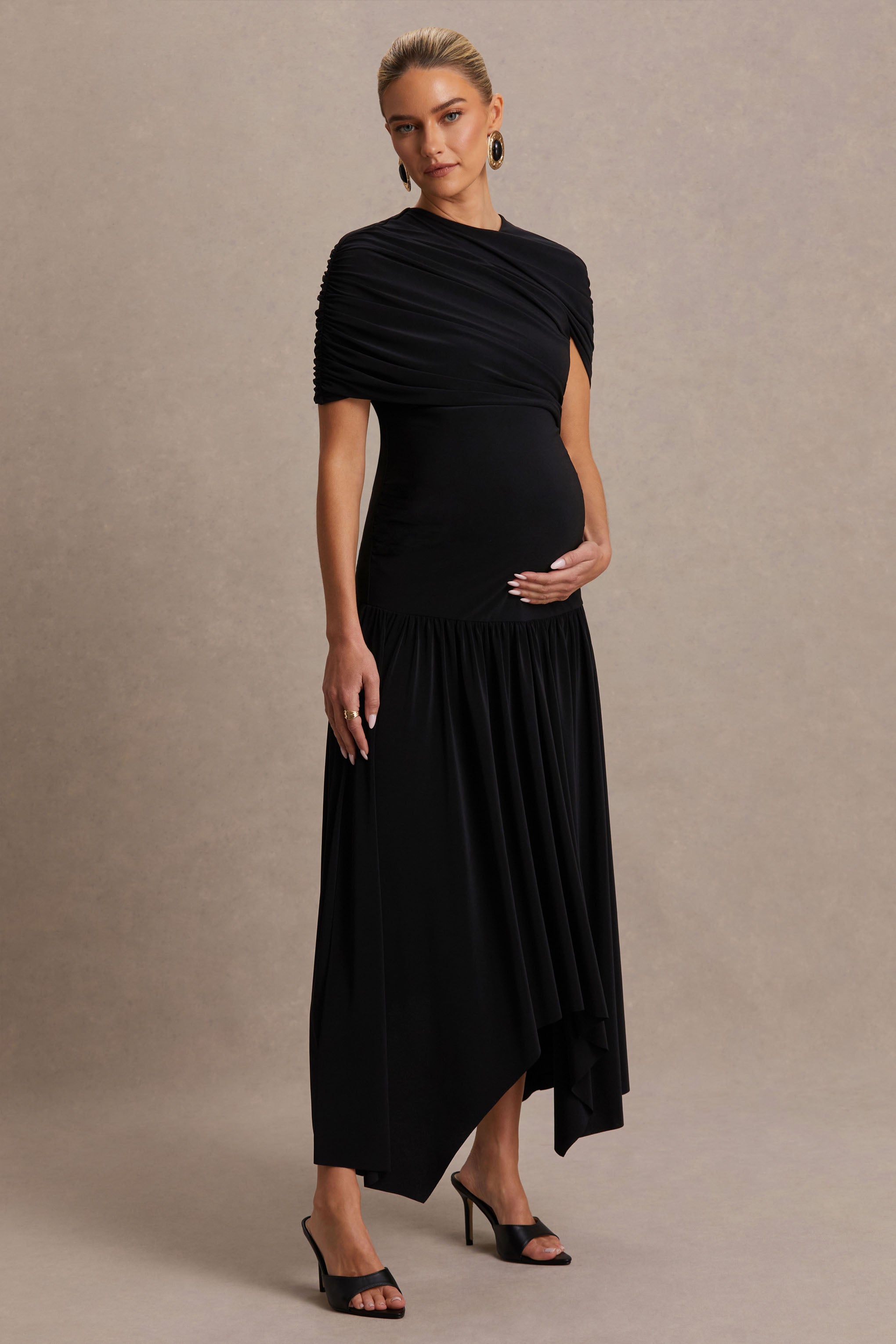 Eleni | Black Crew-Neck Maternity Maxi Dress With Cape-Sleeves And Drop Waist