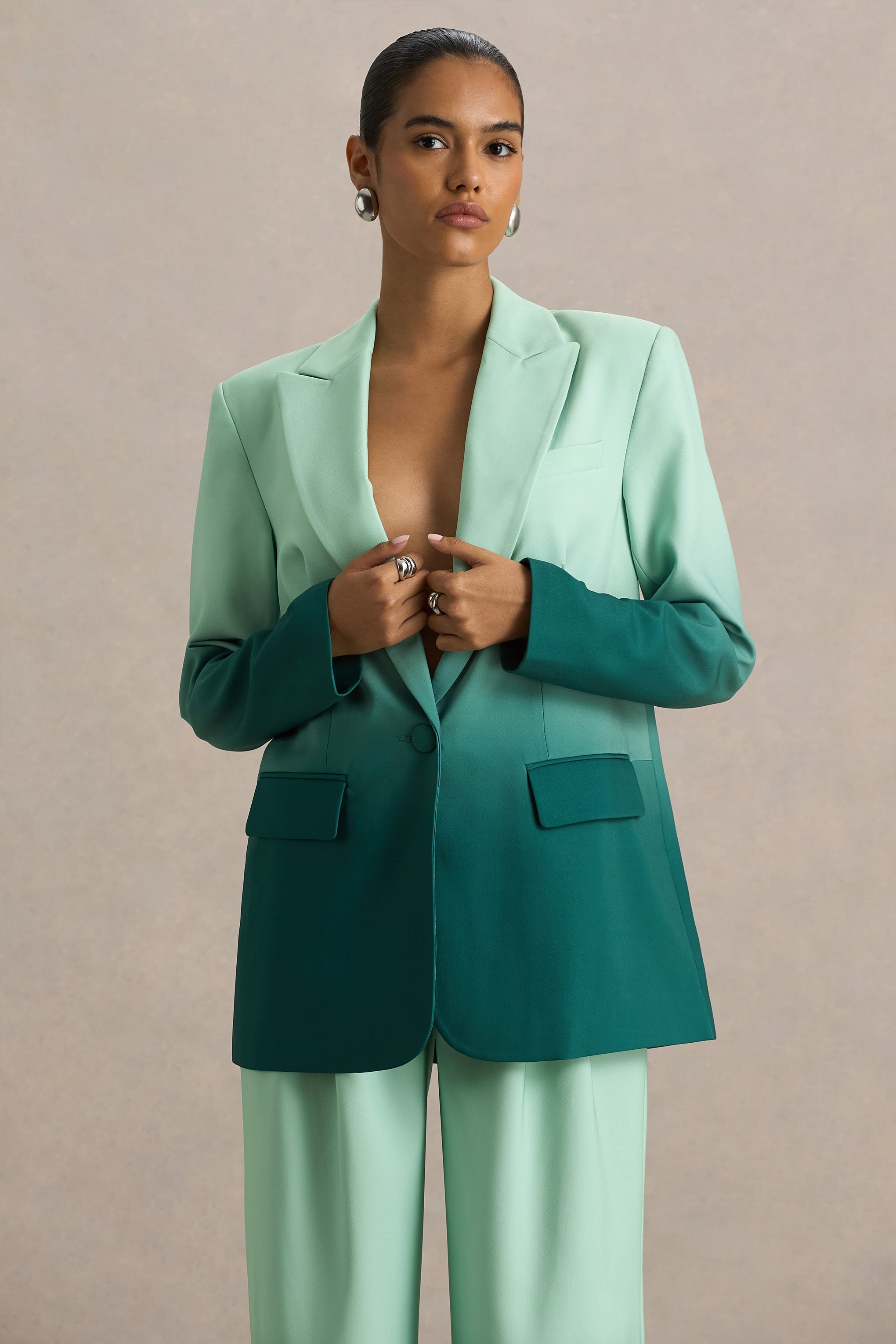 Enya | Emerald Ombre Plunge-Neck Satin Blazer