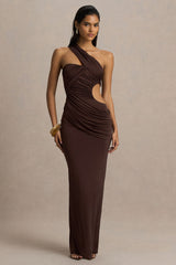 Serefine | Brown Asymmetric-Neck Maxi Dress With Body Cut-Out