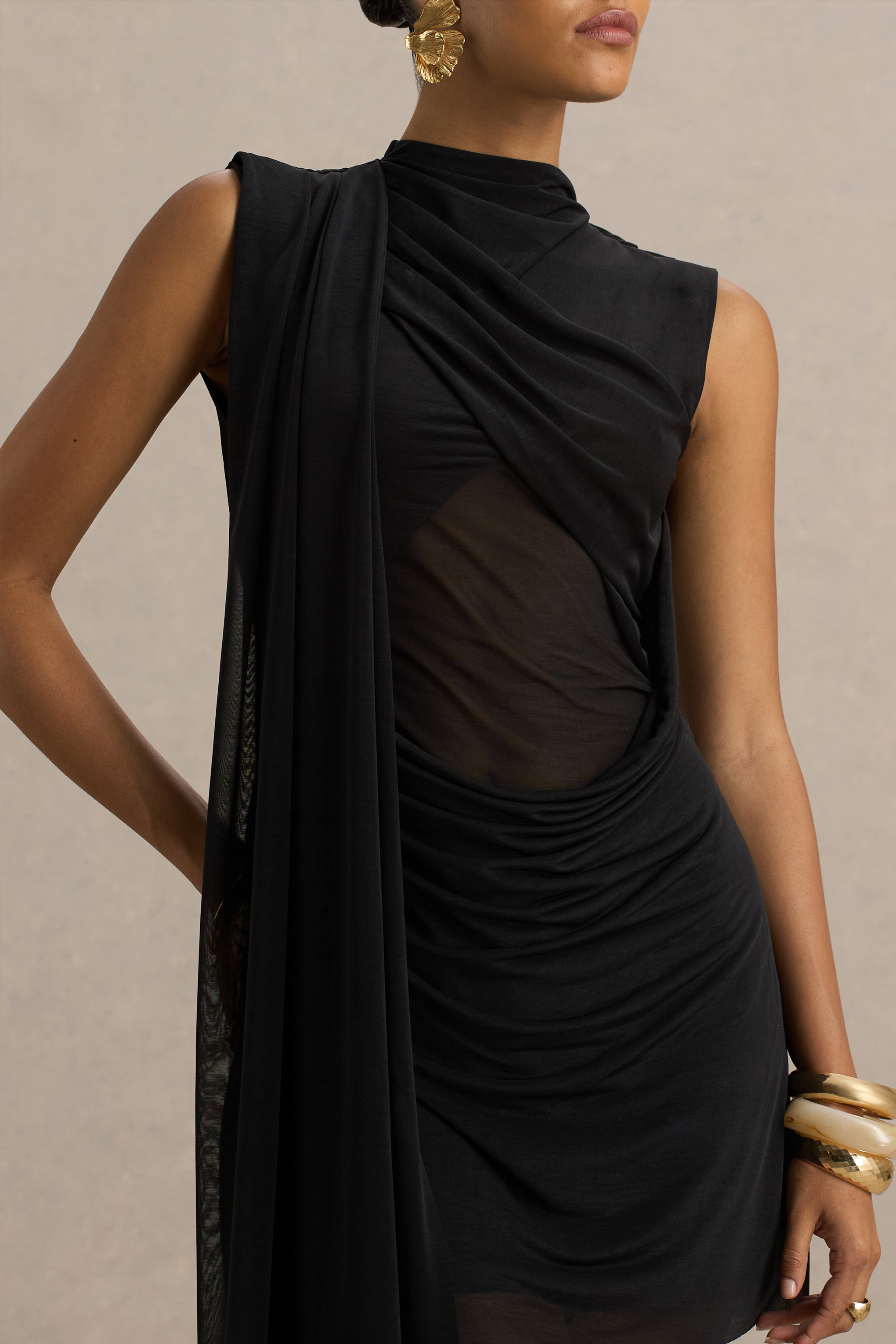 Riad | Black Chiffon Mini Dress With Sheer Bodice Two-Sleeve Cape