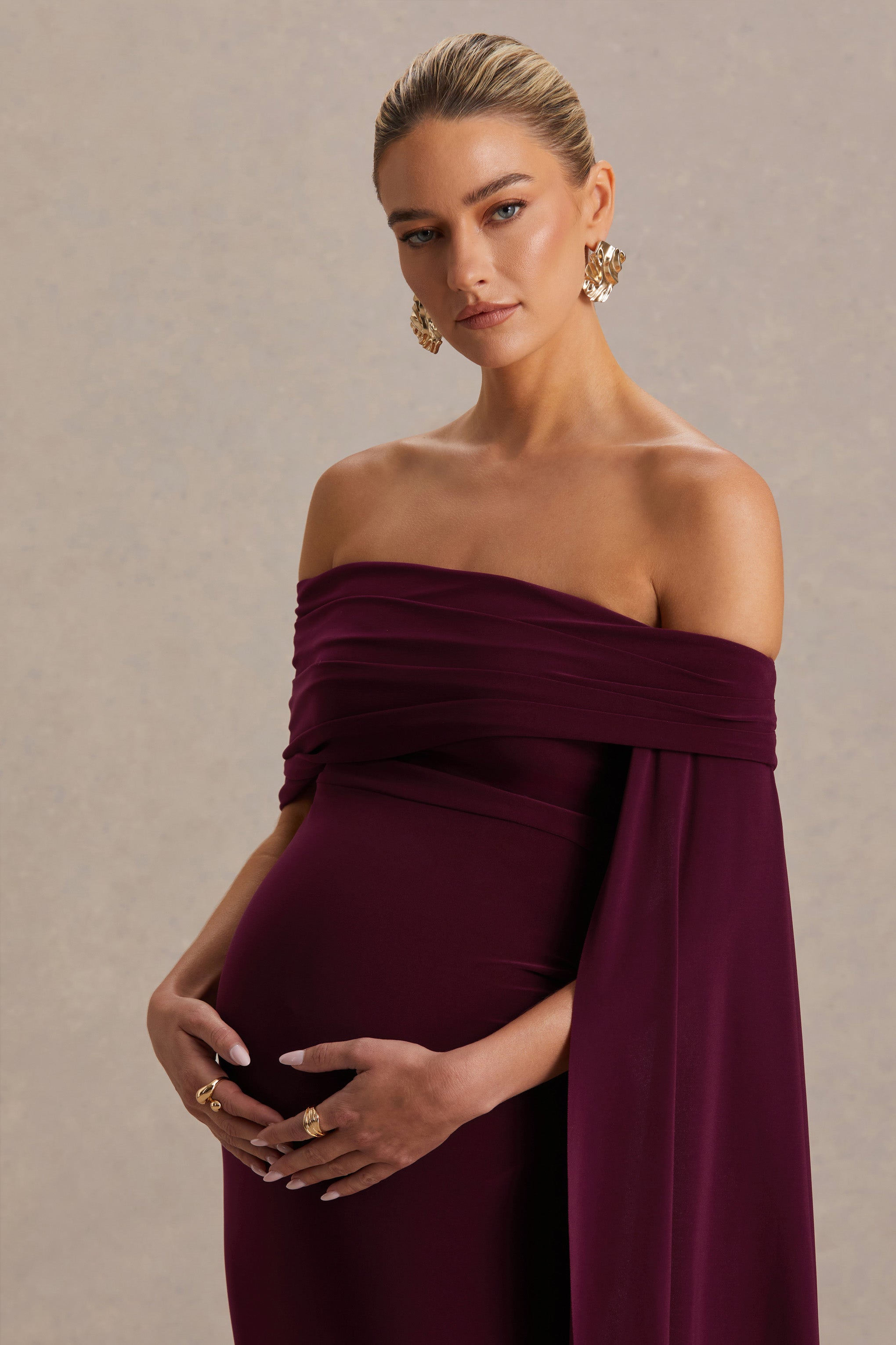 Aquila | Burgundy Bardot Maternity Maxi Dress With Draped Detail