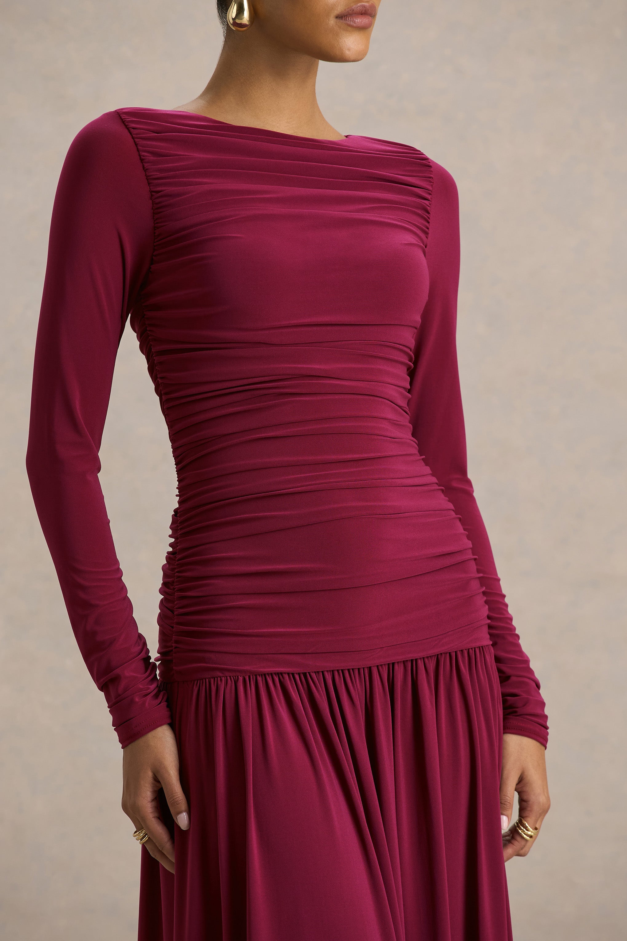 Aniyah | Burgundy Slashed-Neck Maxi Dress With Ruched Detailing