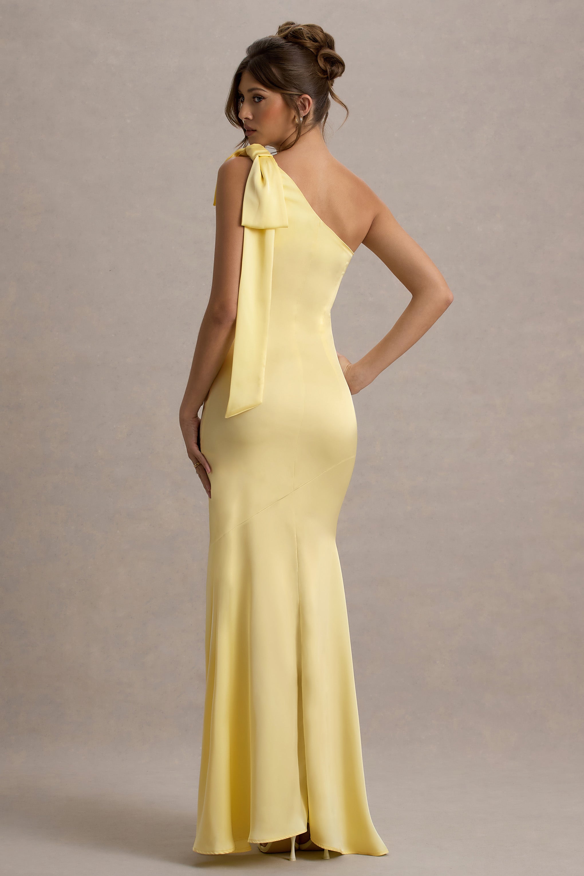 Here For Love | Pale Lemon Satin Asymmetric Maxi Dress With Bow