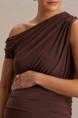Linnea | Brown Asymmetric-Neck Maternity Midi Dress