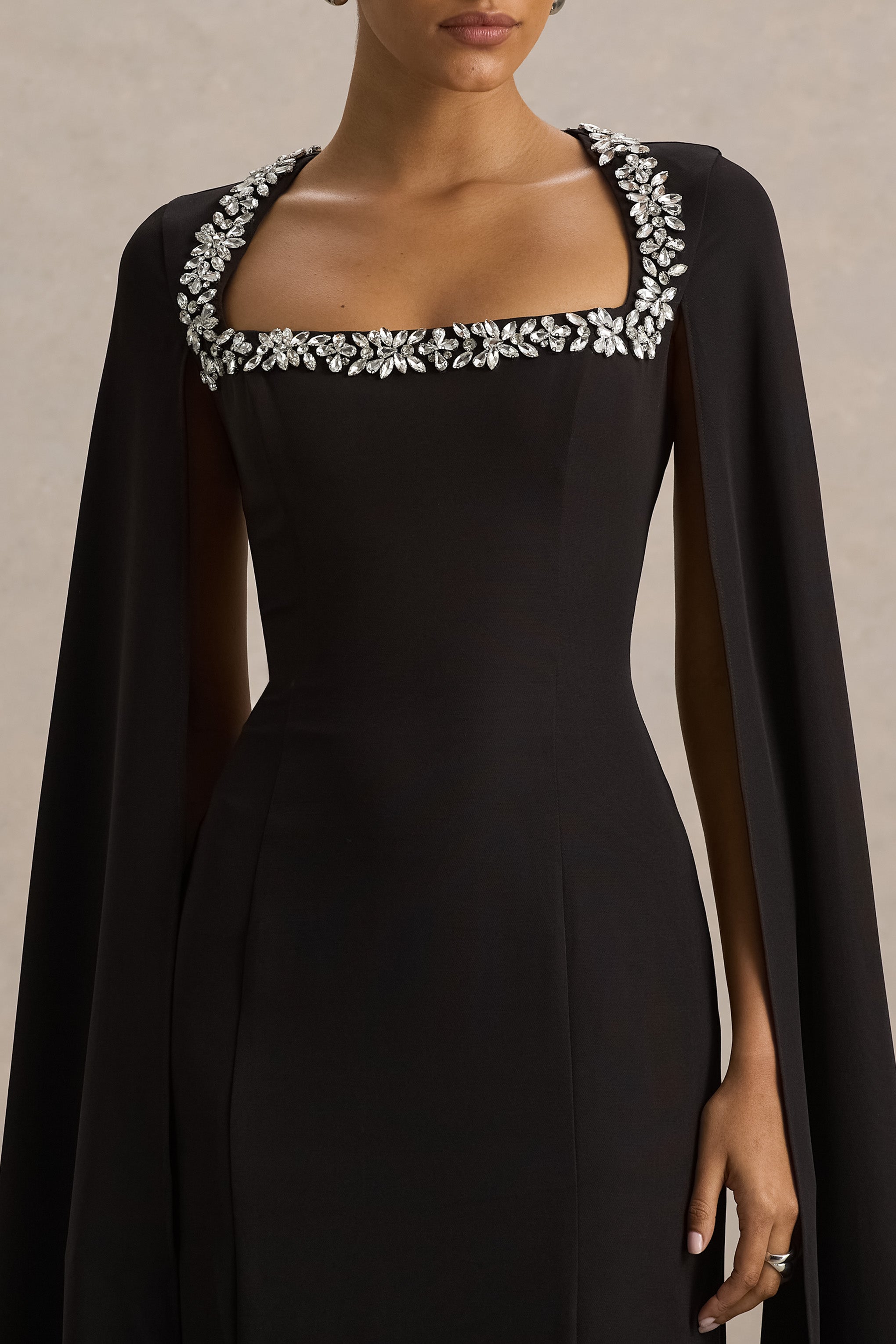 Glossy | Black Woven Square-Neck Maxi Dress With Cape Sleeves and Hand-Embellished Detail