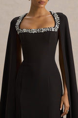 Glossy | Black Woven Square-Neck Maxi Dress With Cape Sleeves and Hand-Embellished Detail