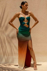 Laviza | Teal Ombre Print Strapless Cut-Out Wrap Maxi Dress